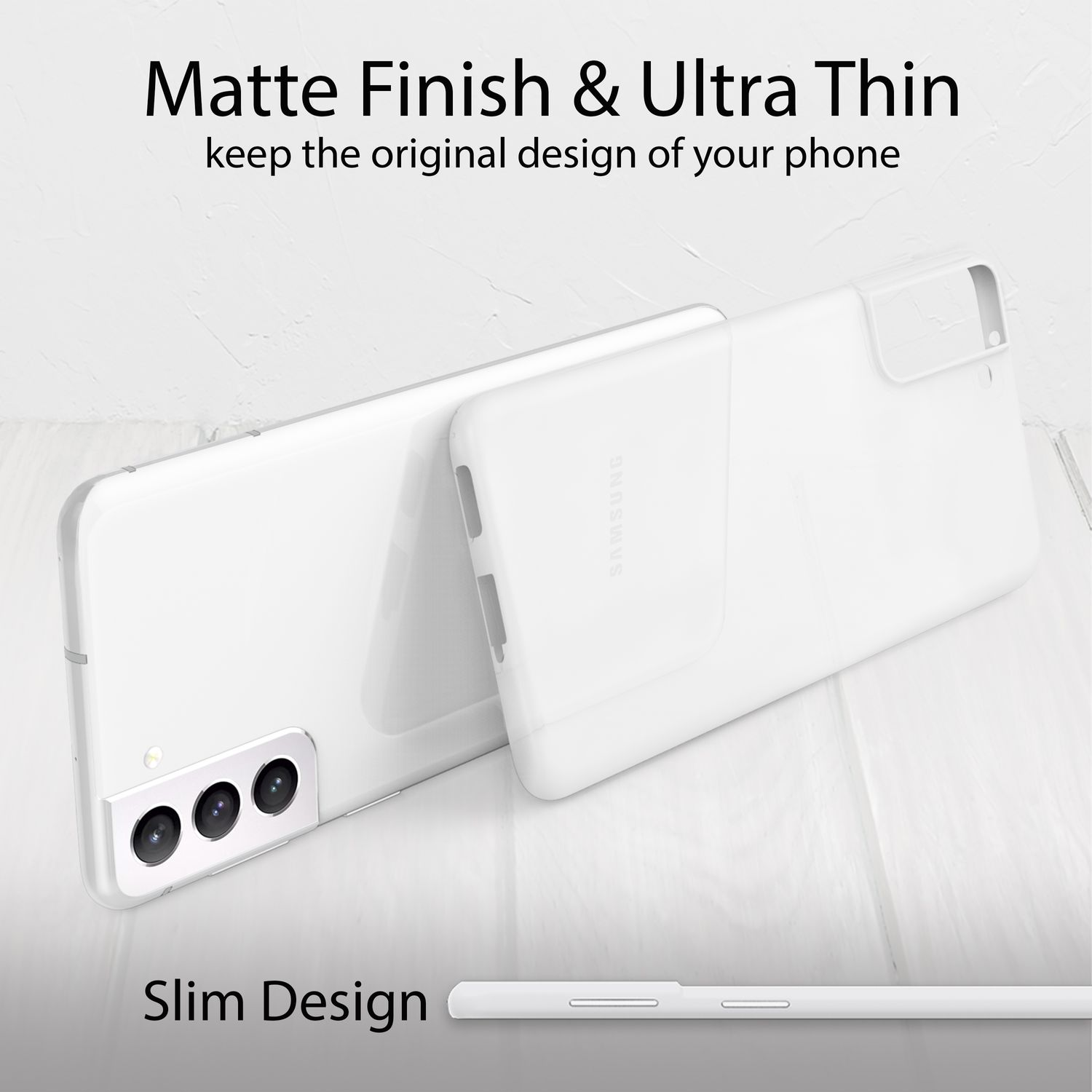 Zwei weiße Handyhüllen, eine über der anderen, mit dem Wort SAMSUNG sichtbar. Oben steht 'Matte Finish & Ultra Thin'.