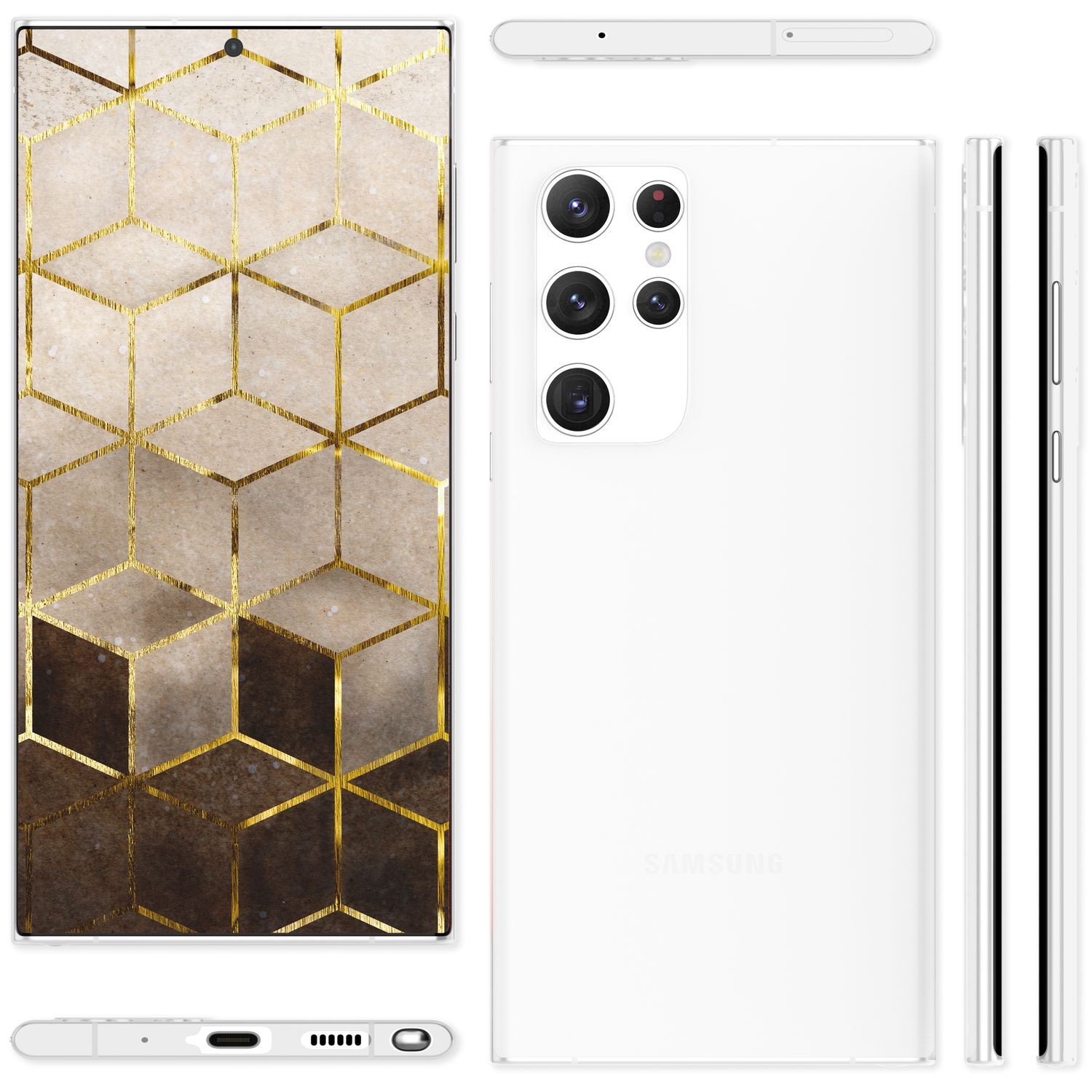 Ein weißes Telefon mit einer Hülle im geometrischen Design. Der Bildschirm zeigt ein Muster aus Würfeln. Die Rückseite ist weiß, mit mehreren Kameralinsen.