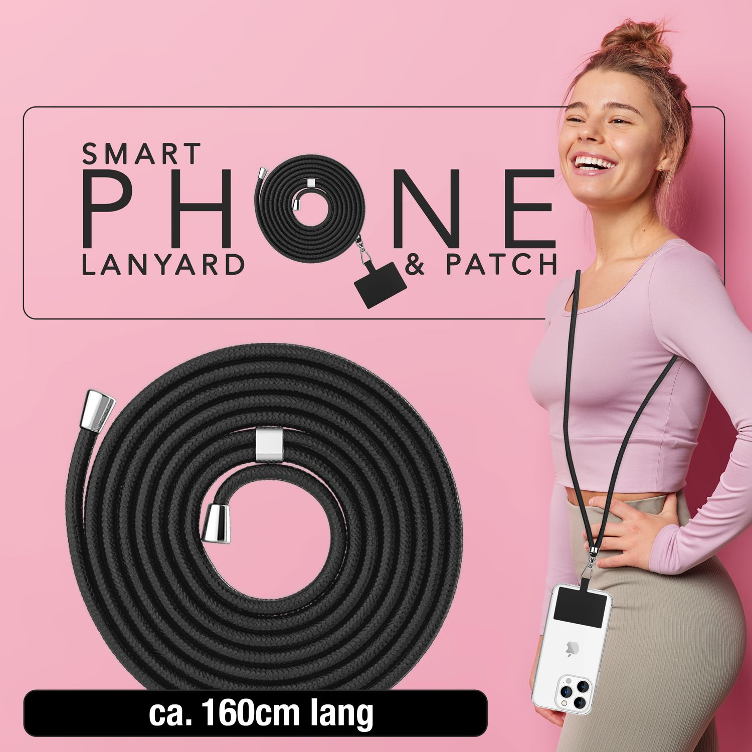 Una mujer sonríe, sosteniendo un teléfono con un cordón. Un cordón negro enrollado en primer plano. Texto: SMART PHONE LANYARD & PATCH.