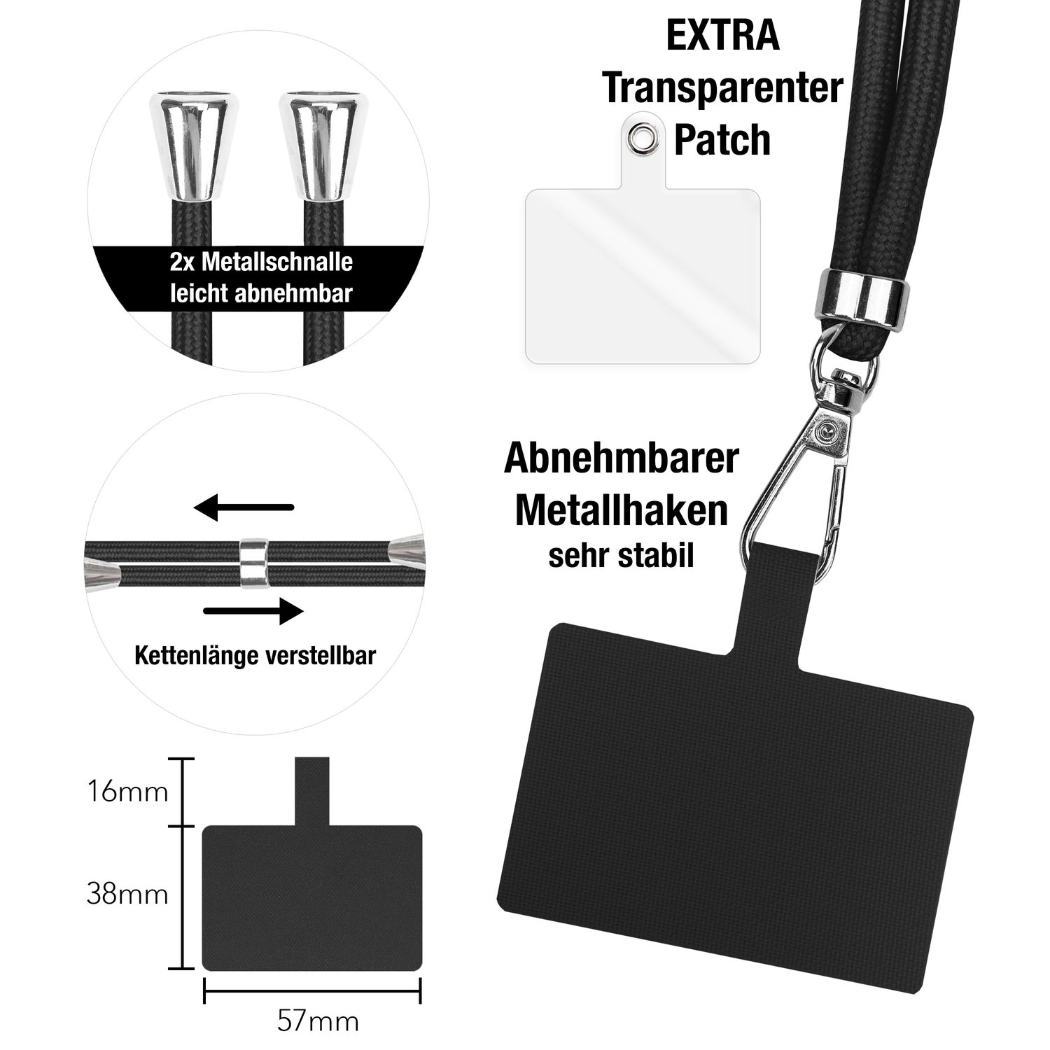 Imagen muestra partes de un cordón de teléfono, incluyendo cierres metálicos, un parche transparente y un soporte negro para teléfono.