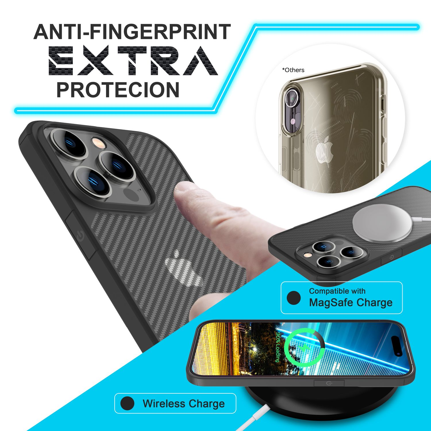 L'immagine mostra custodie per iPhone, ricarica e funzionalità come anti-impronta e MagSafe. Le custodie sono nere e trasparenti.