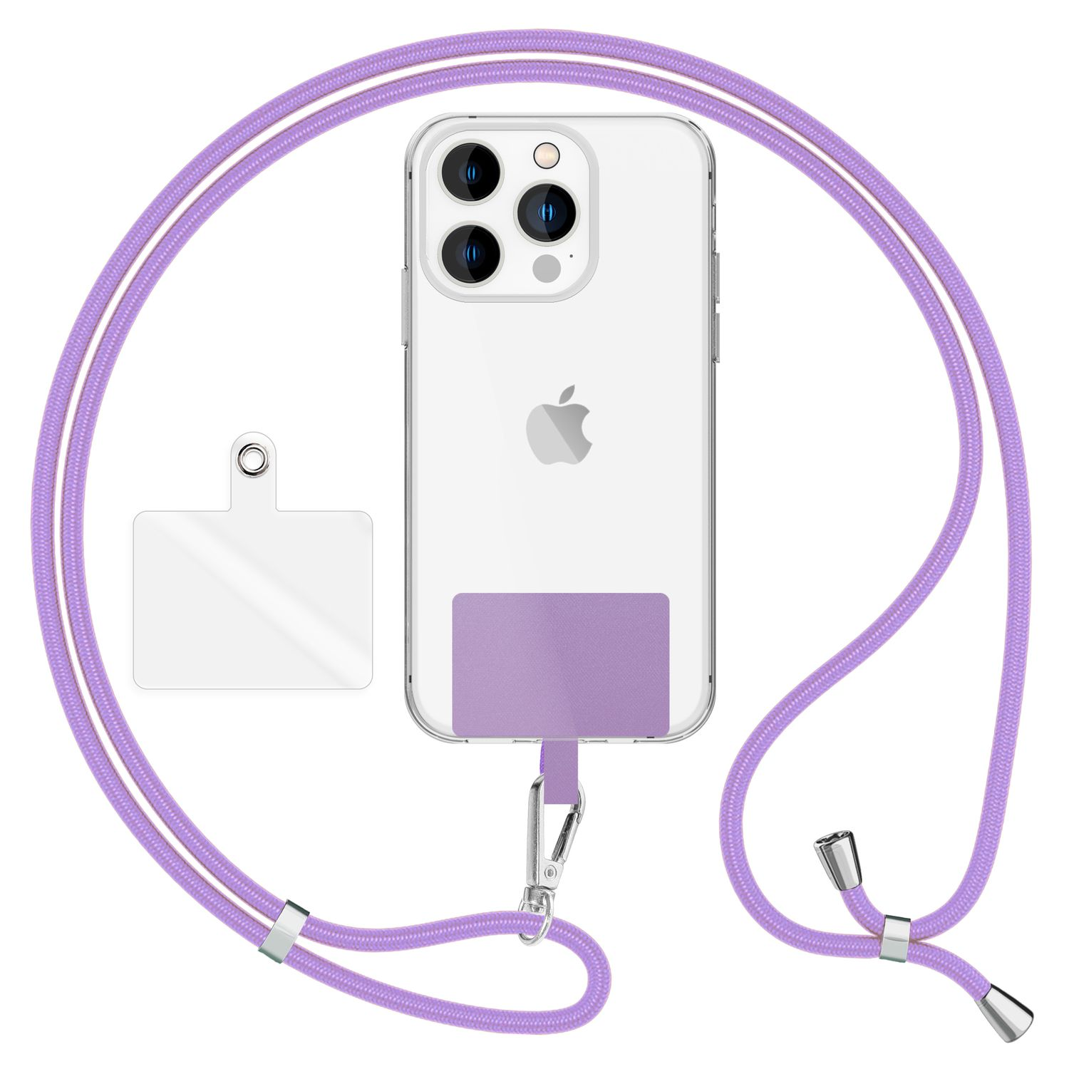 Un iPhone transparente con un cordón morado. Tiene un parche morado en la parte trasera y un tarjetero transparente. El cordón tiene extremos plateados.
