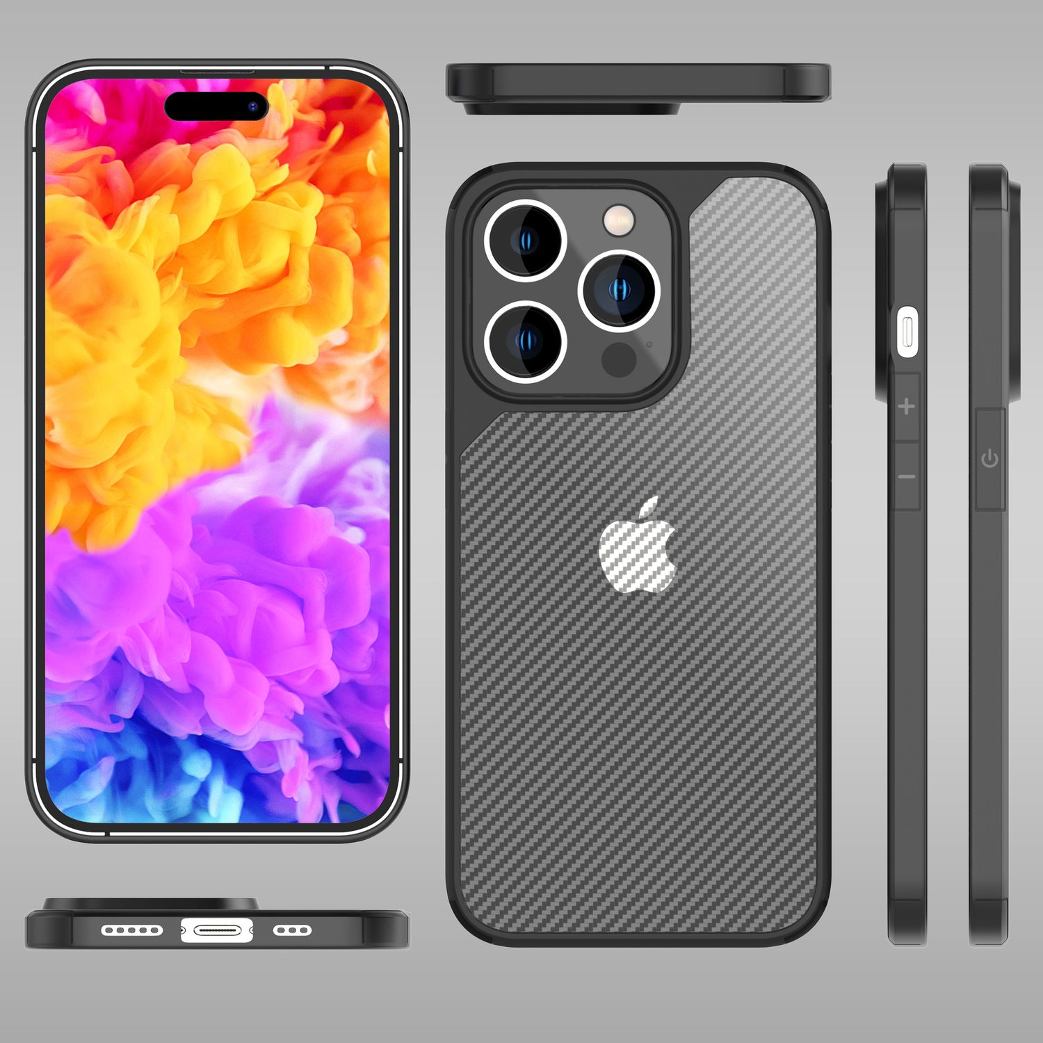 Un set di telefono e custodia. Il telefono mostra un'arte colorata simile al fumo. La custodia è nera con un motivo in fibra di carbonio e il logo Apple.