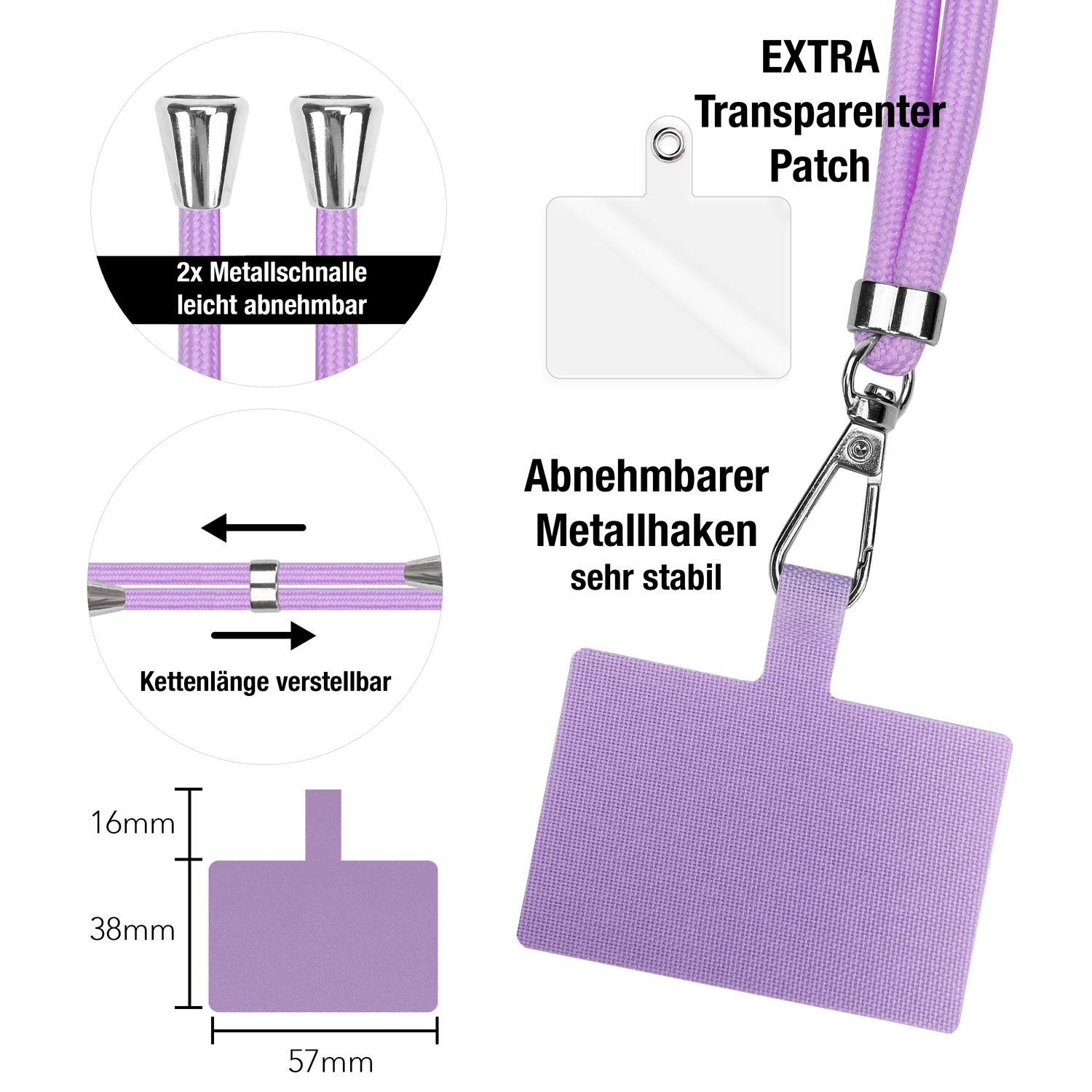 Un cordón morado para teléfono con cierres metálicos y un parche transparente. El texto describe características como longitud ajustable y ganchos desmontables.