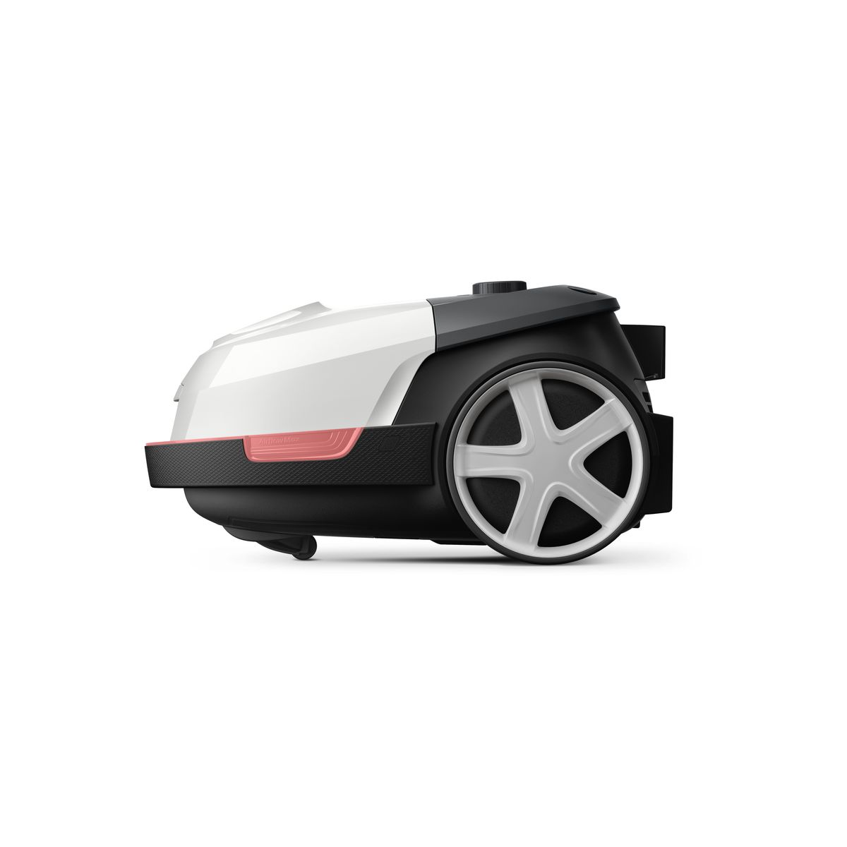 Biało-czarna kosiarka automatyczna. Ma duże koła, czerwony akcent i jest na białym tle.