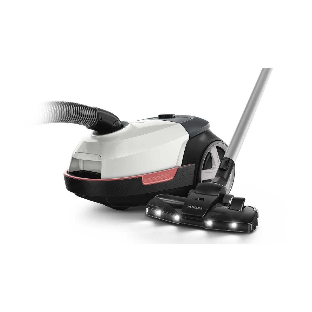 Biało-czarny odkurzacz z różowym akcentem. Dysza jest czarna, a uchwyt srebrny. Odkurzacz jest na białym tle.