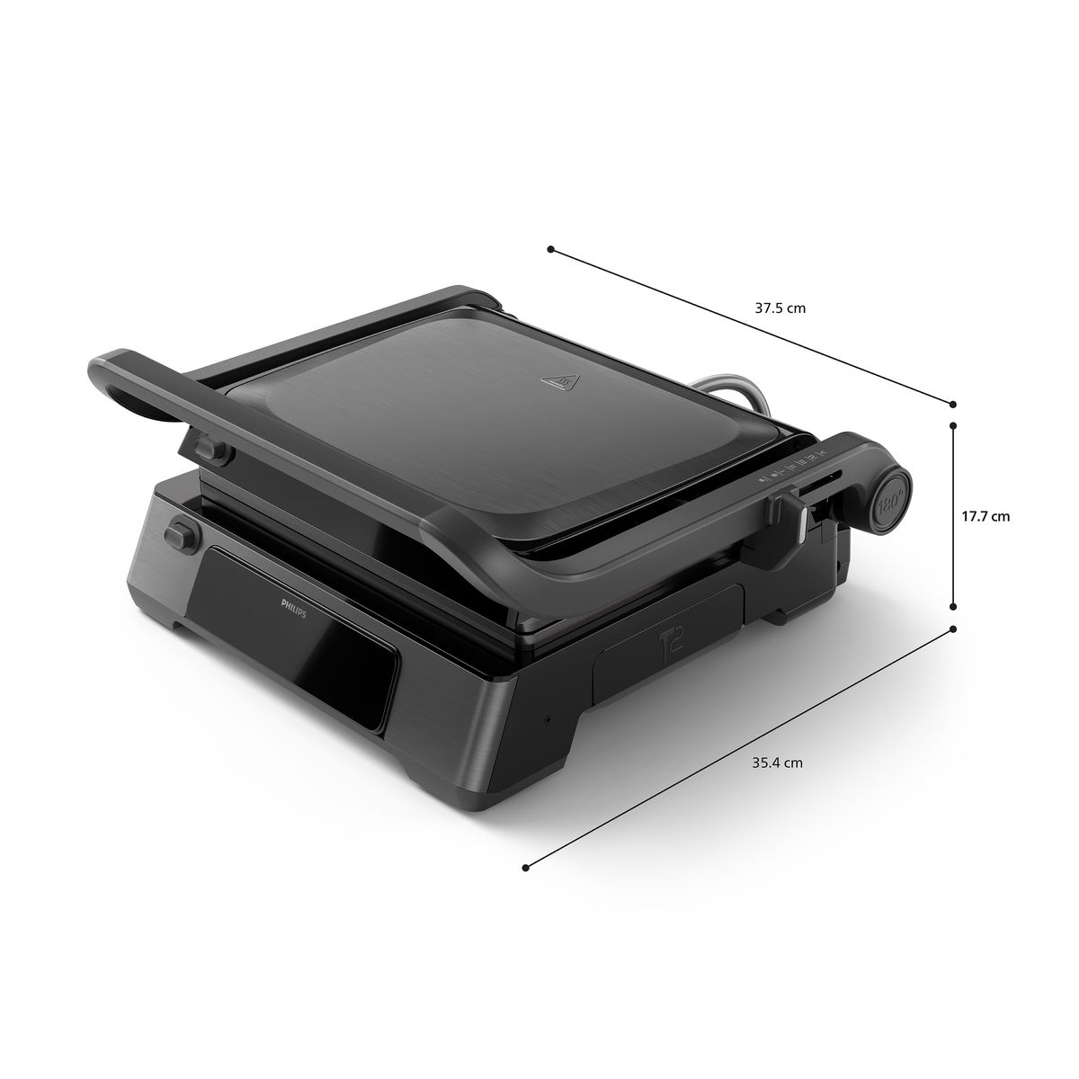 Czarny grill Philips, o długości 37,5 cm, wysokości 17,7 cm i szerokości 35,4 cm. Wymiary są wskazane. Grill jest zamknięty.