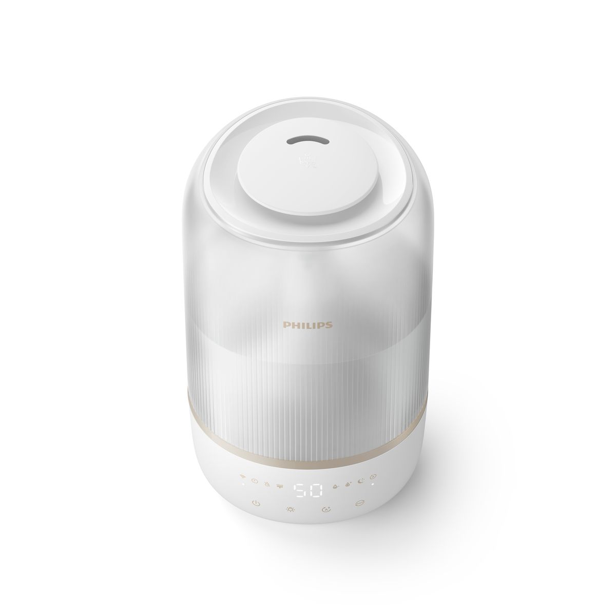 Biały nawilżacz powietrza Philips o cylindrycznym kształcie. Posiada cyfrowy wyświetlacz i logo Philips. Górna część ma otwór.