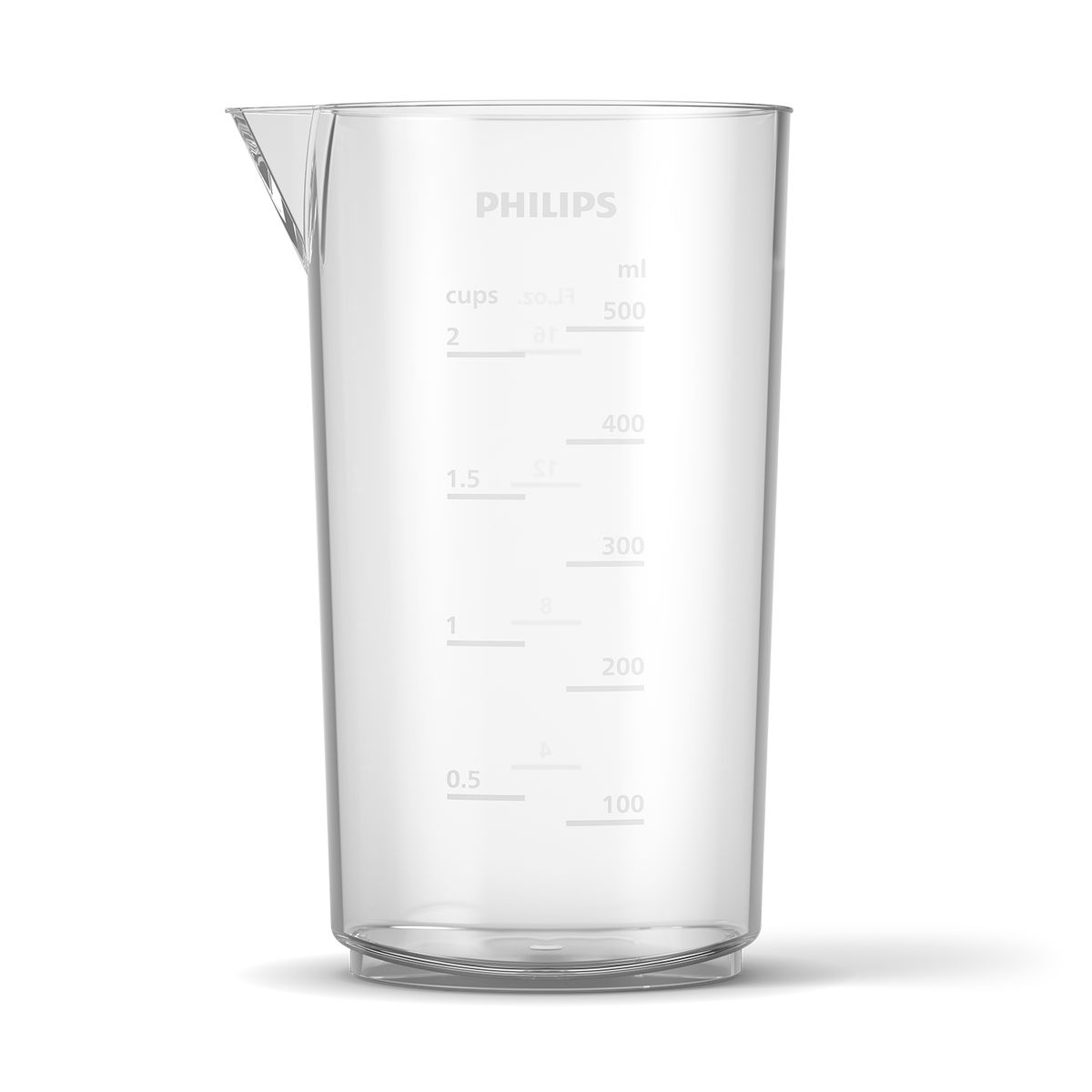 Przezroczysty kubek z logo Philips i oznaczeniami dla filiżanek i mililitrów. Ma dzióbek i stoi na białej powierzchni.