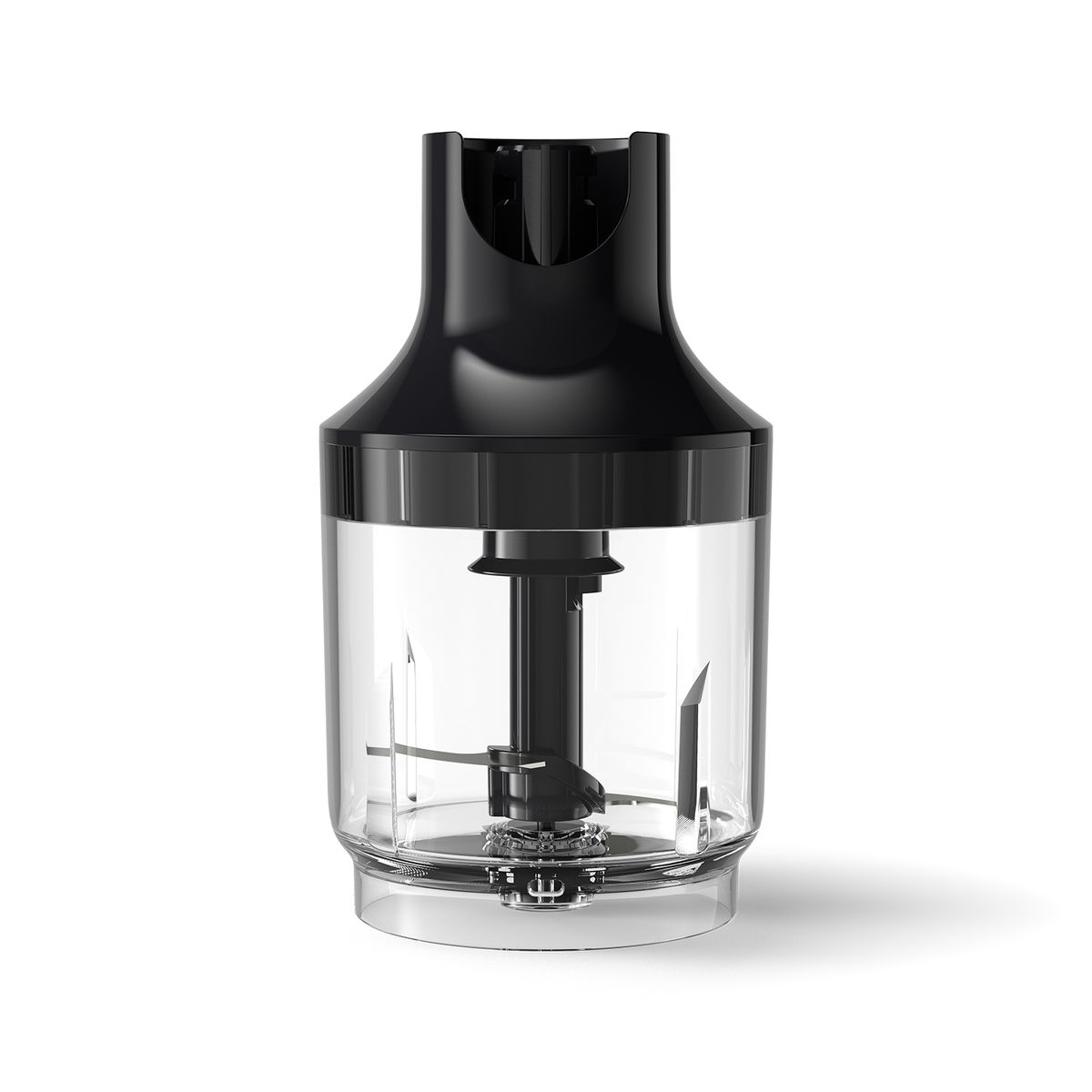 Czarny i przezroczysty blender ręczny. Górna część jest czarna, pojemnik przezroczysty, a wewnątrz widoczne są ostrza.
