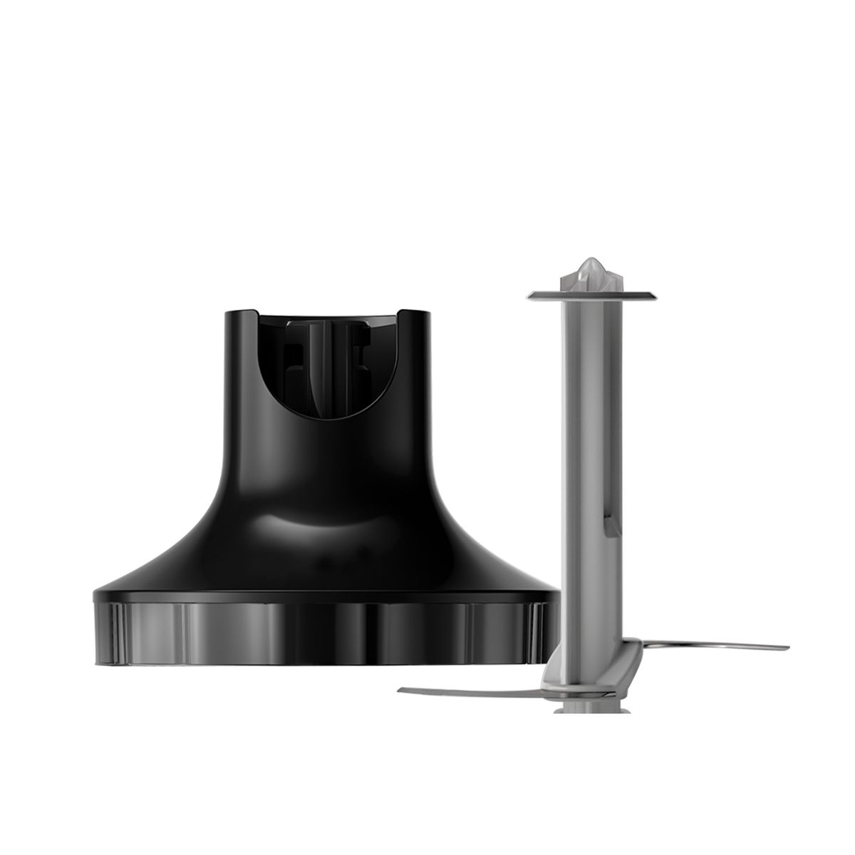 Czarna podstawa blendera i przystawka z ostrzami ze stali nierdzewnej na białym tle. Podstawa jest błyszcząca.