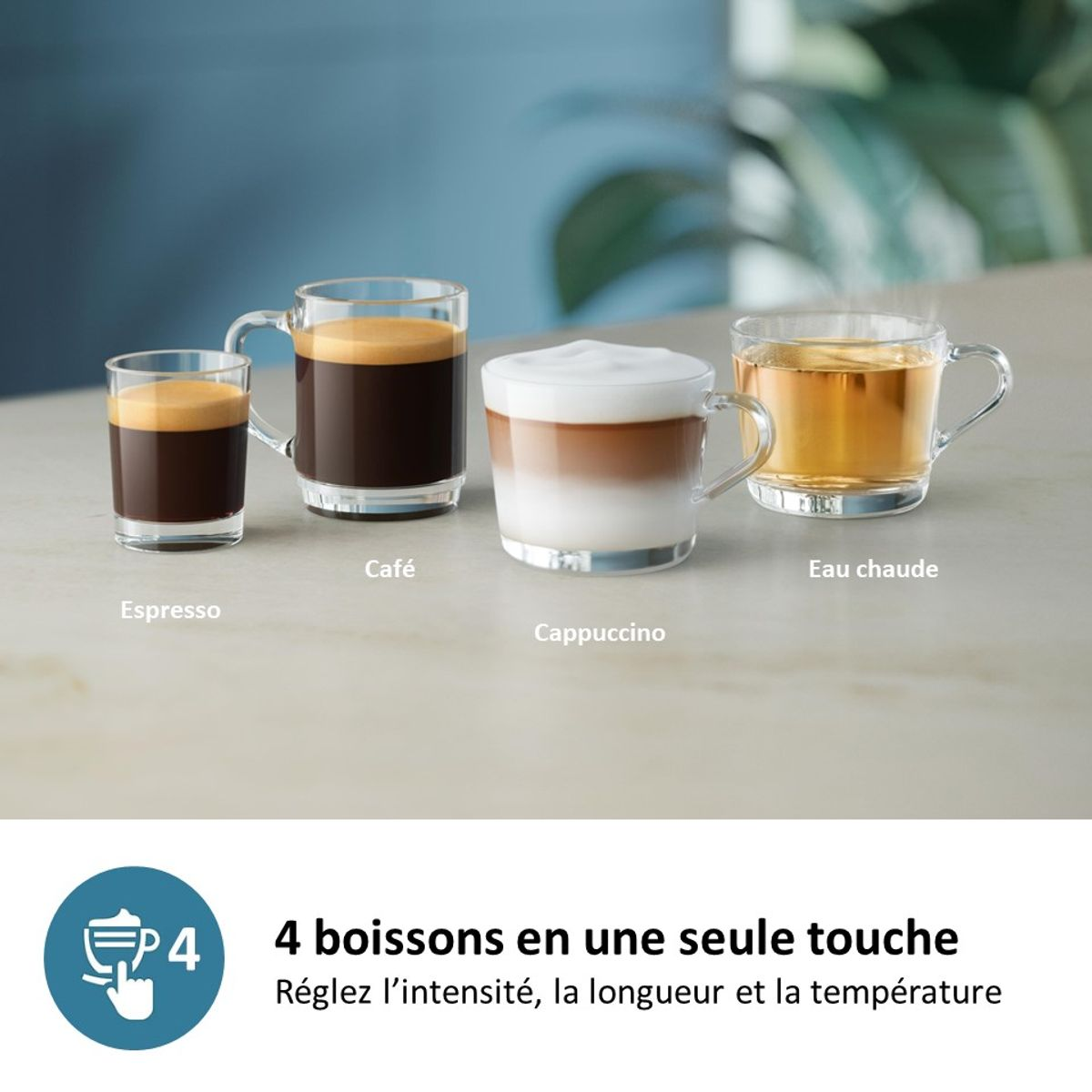 Cztery szklanki z różnymi napojami: espresso, kawa, cappuccino i gorąca woda. Tekst: 4 napoje za jednym dotknięciem.