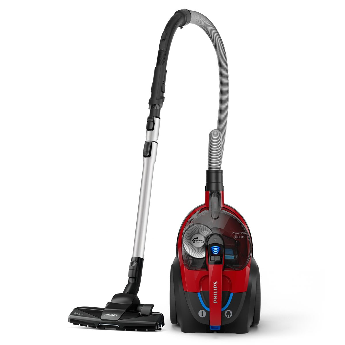 Czerwono-czarny odkurzacz Philips PowerPro Expert. Posiada srebrny uchwyt i wąż oraz czarną głowicę szczotki.