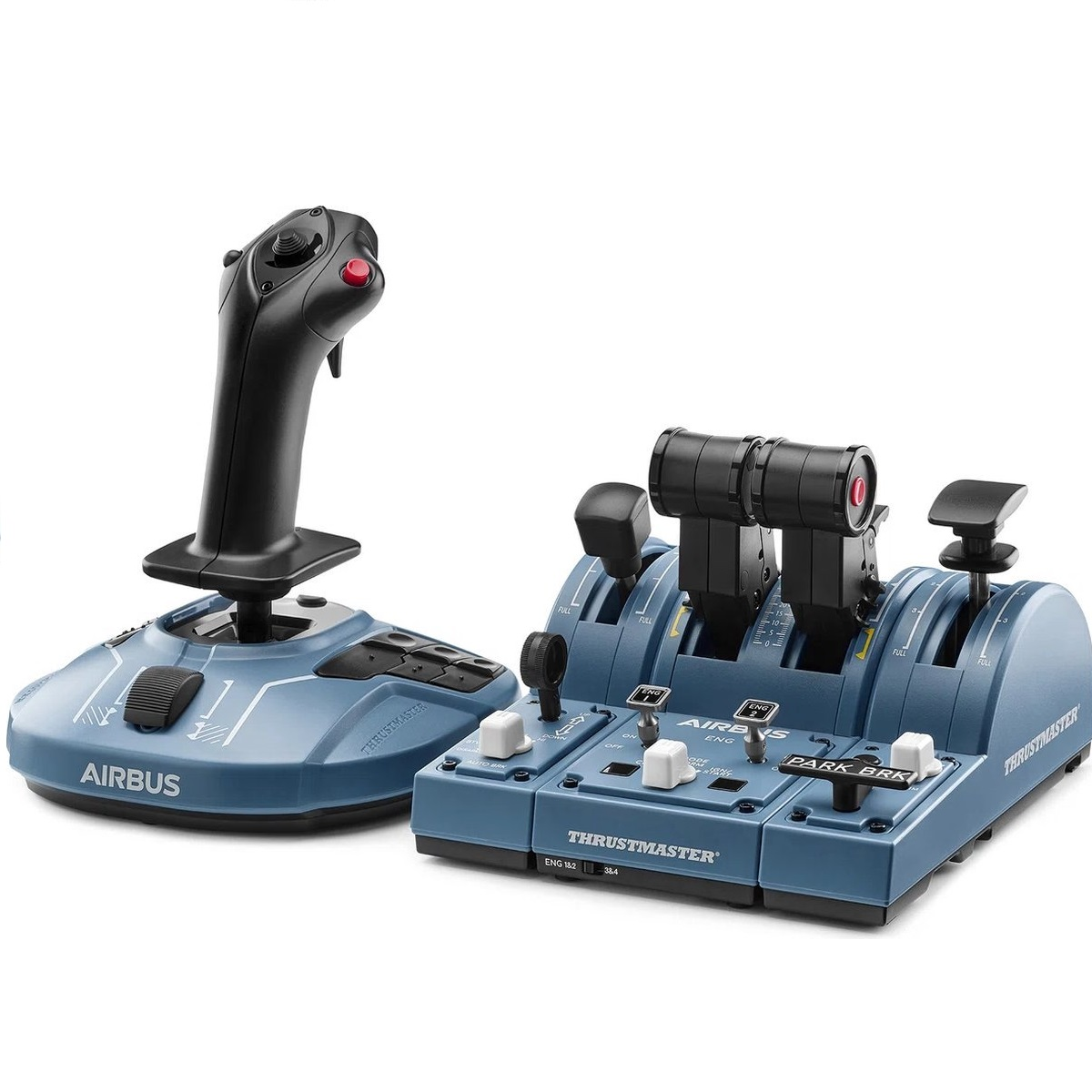 Ein blaues und schwarzes Airbus-Flugsimulator-Bedienfeld und ein Joystick. Der Joystick befindet sich links, der Gashebel rechts.