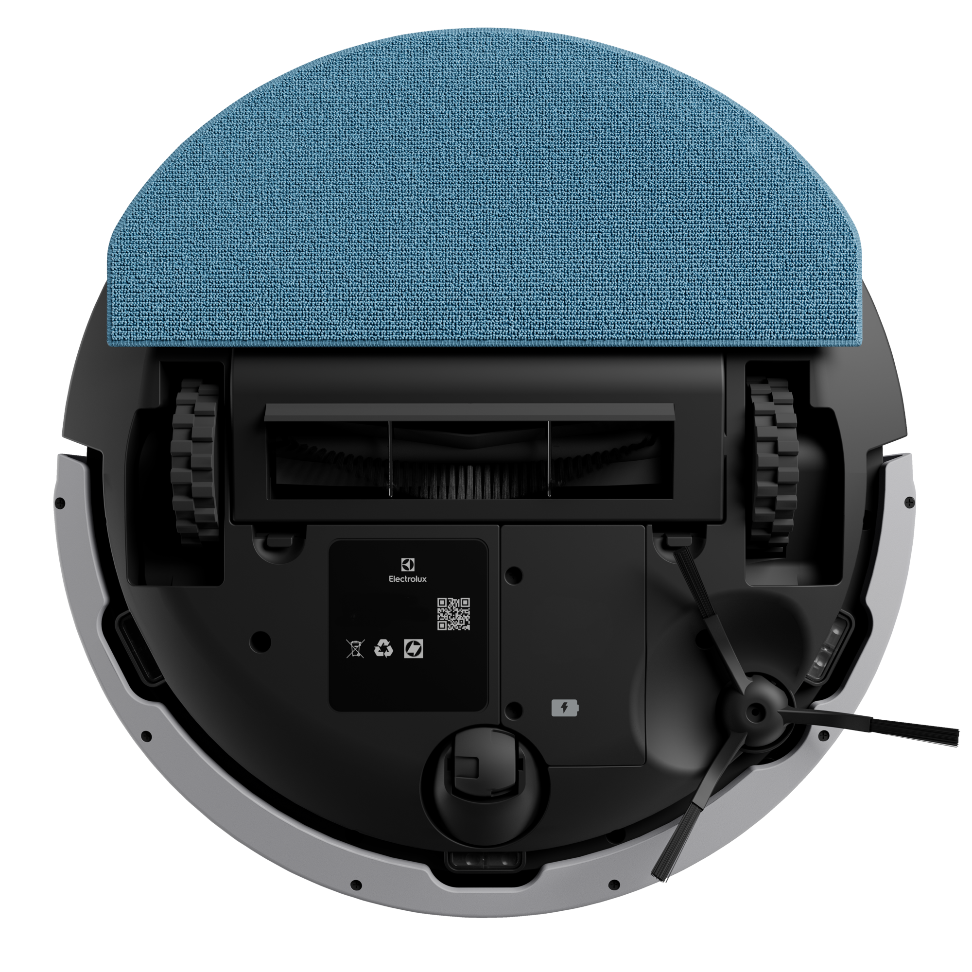 Aspirapolvere robot, con un panno blu, ruote nere e corpo nero. Il logo Electrolux è visibile.