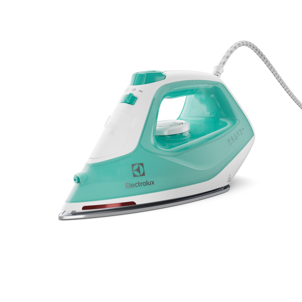 Un ferro da stiro Electrolux bianco e verde acqua. Ha una luce rossa, un cavo bianco e si trova su sfondo nero.