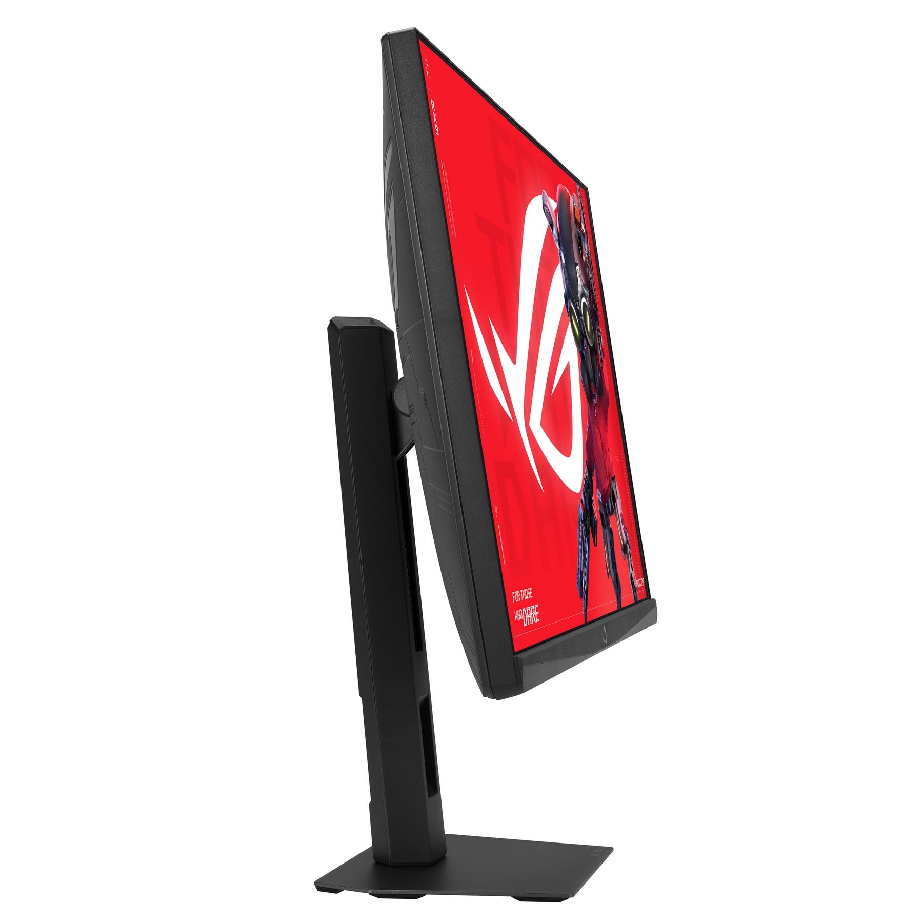 Un monitor del computer nero con display rosso è mostrato da un'angolazione laterale. Il display mostra un logo bianco.