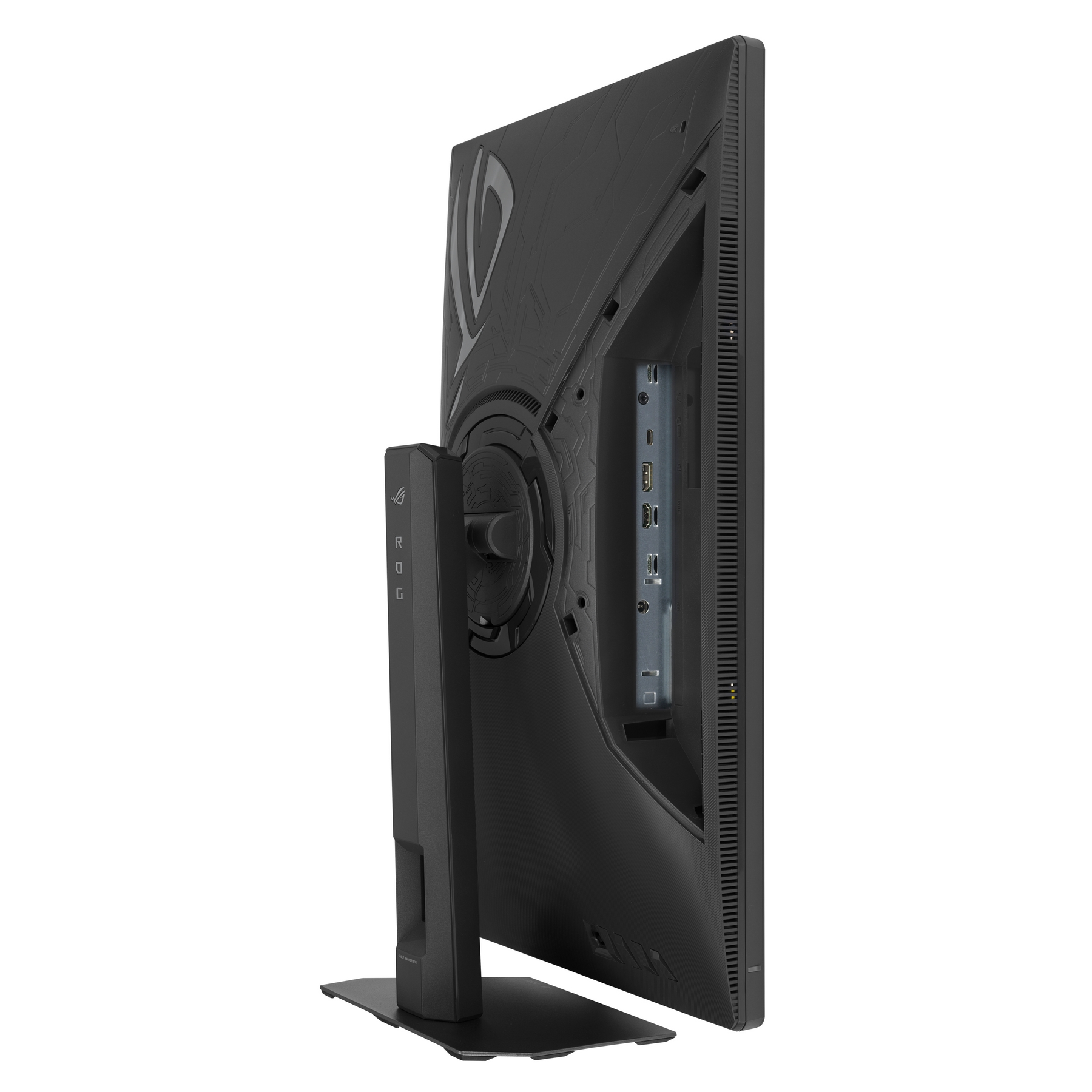 Un monitor per computer nero, vista laterale, che mostra il logo ROG e varie porte. Ha un supporto e un retro strutturato.