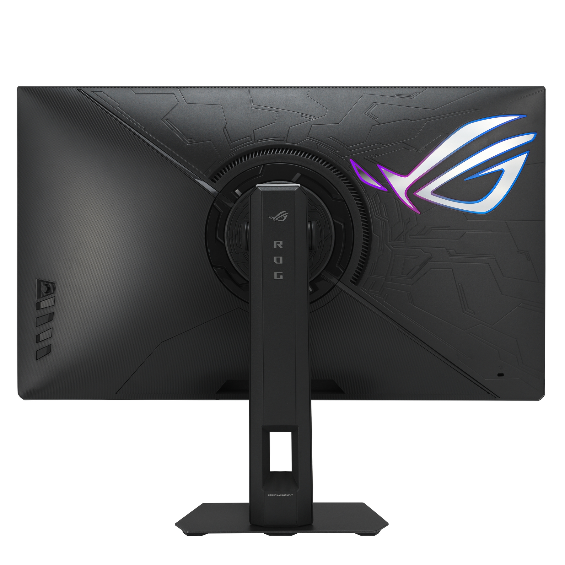 Retro di monitor gaming nero. Logo ROG con accenti viola e blu, supporto per la gestione dei cavi.