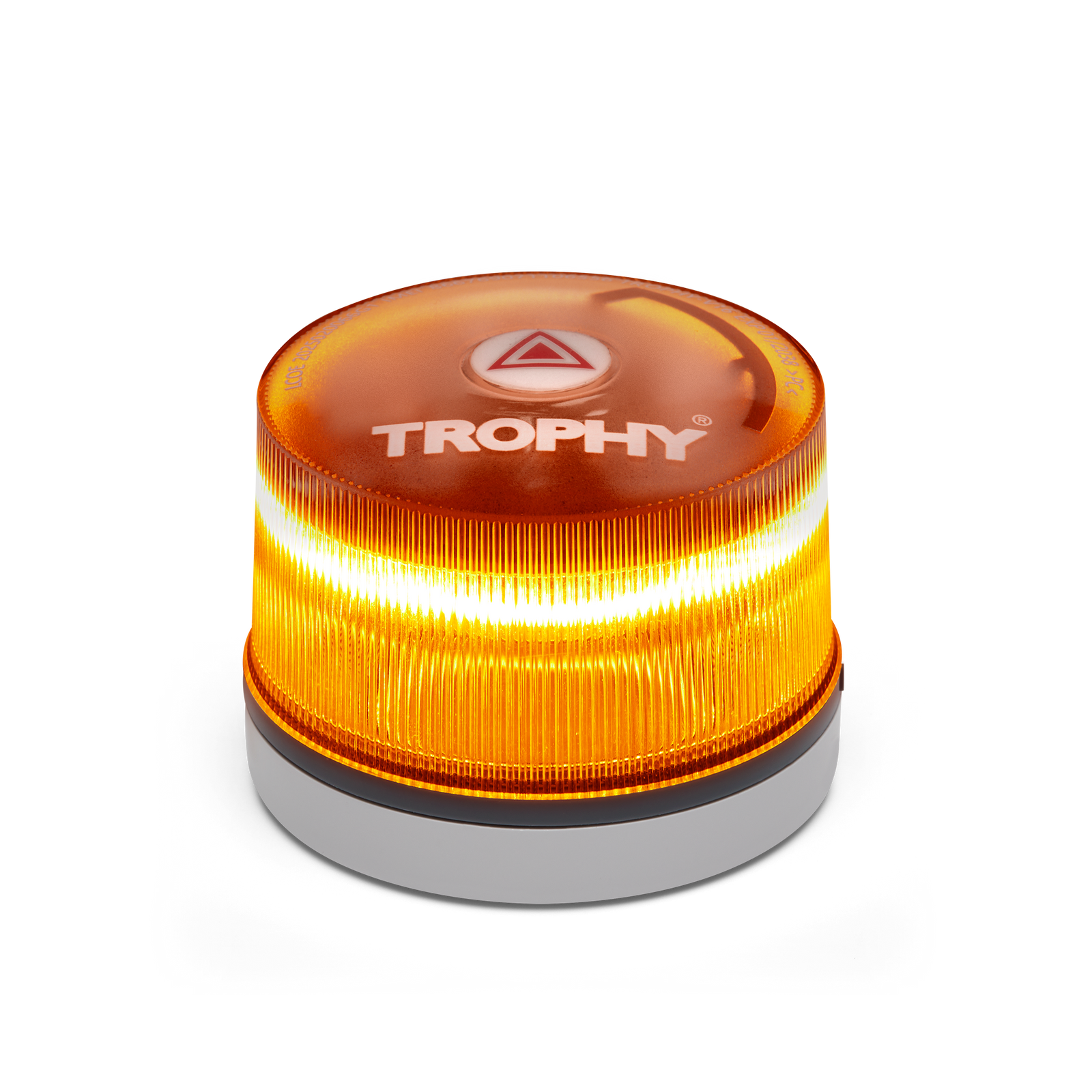 Una luz de baliza TROPHY naranja y blanca sobre fondo negro. Tiene un logotipo triangular y está iluminada.