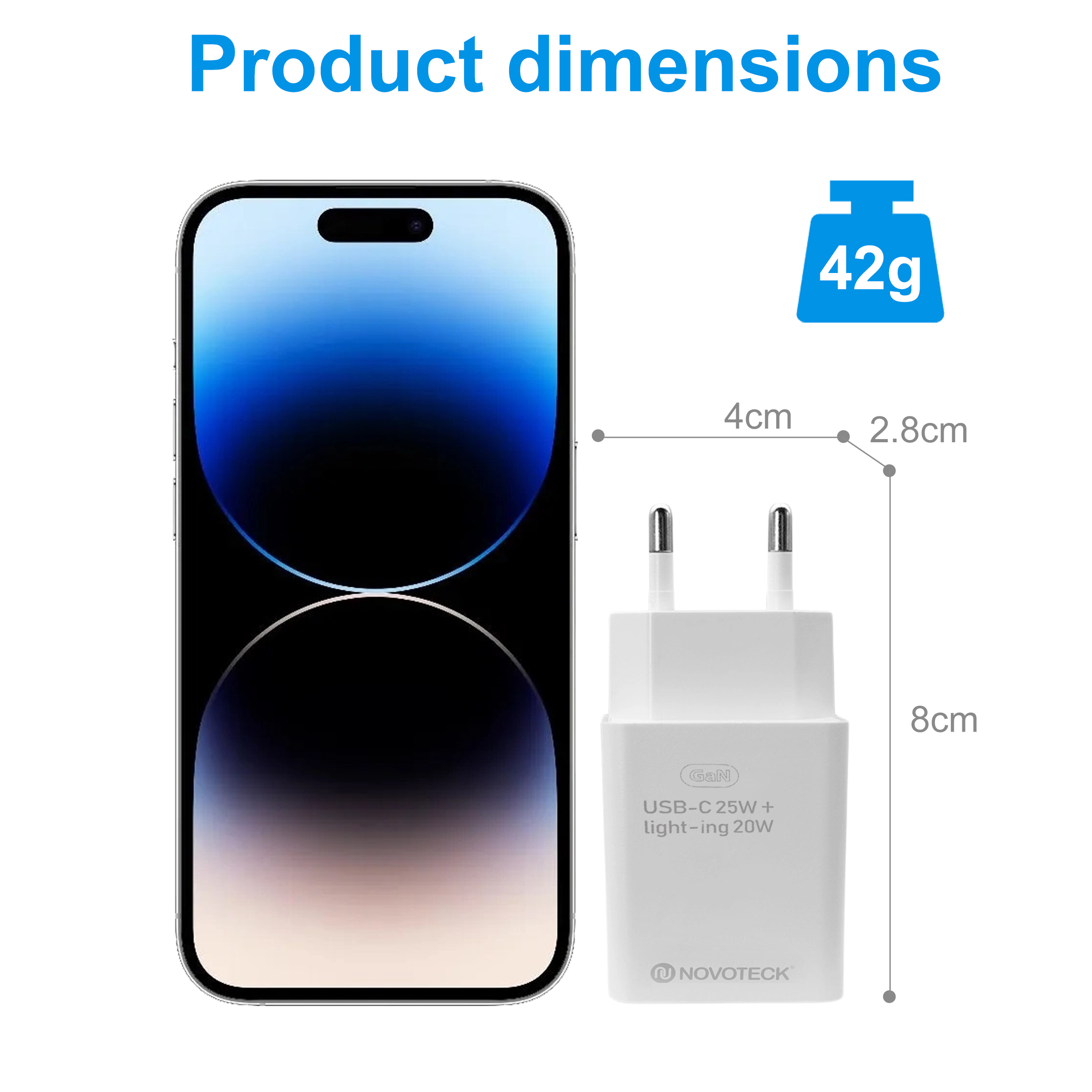 La imagen muestra un teléfono y un cargador. Dimensiones: 4 cm, 2,8 cm y 8 cm. El cargador pesa 42 g.