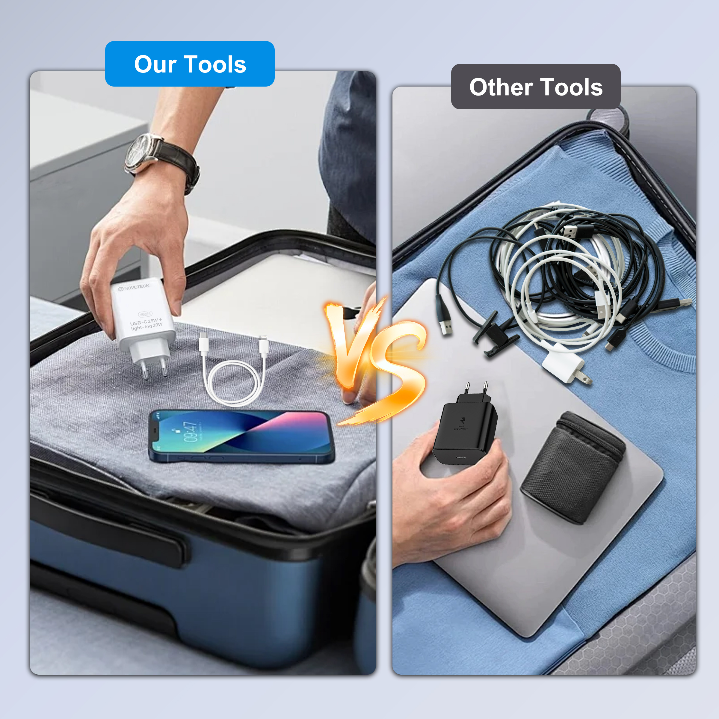 La imagen compara 'Nuestras herramientas' y 'Otras herramientas'. Muestra un teléfono, cargador y cables vs. cargadores, cables y una funda.
