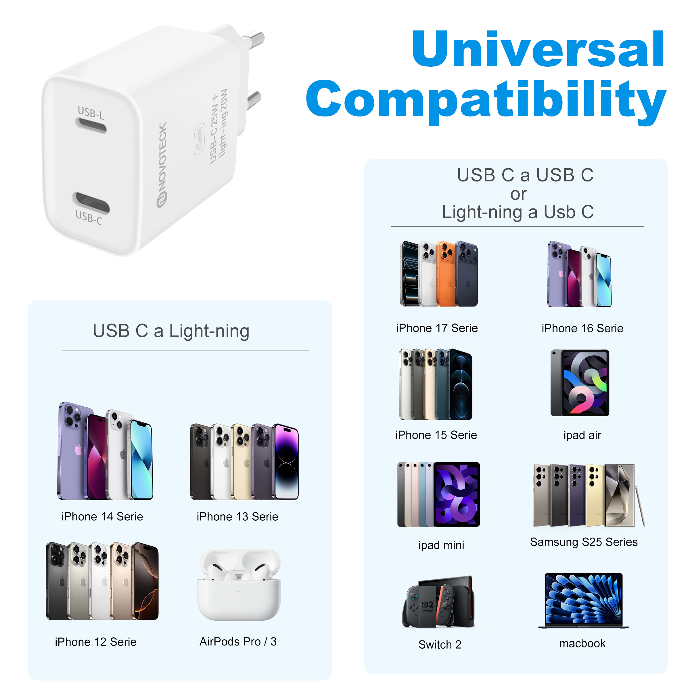 Un cargador blanco con puertos USB-L y USB-C. La imagen muestra una lista de dispositivos compatibles.