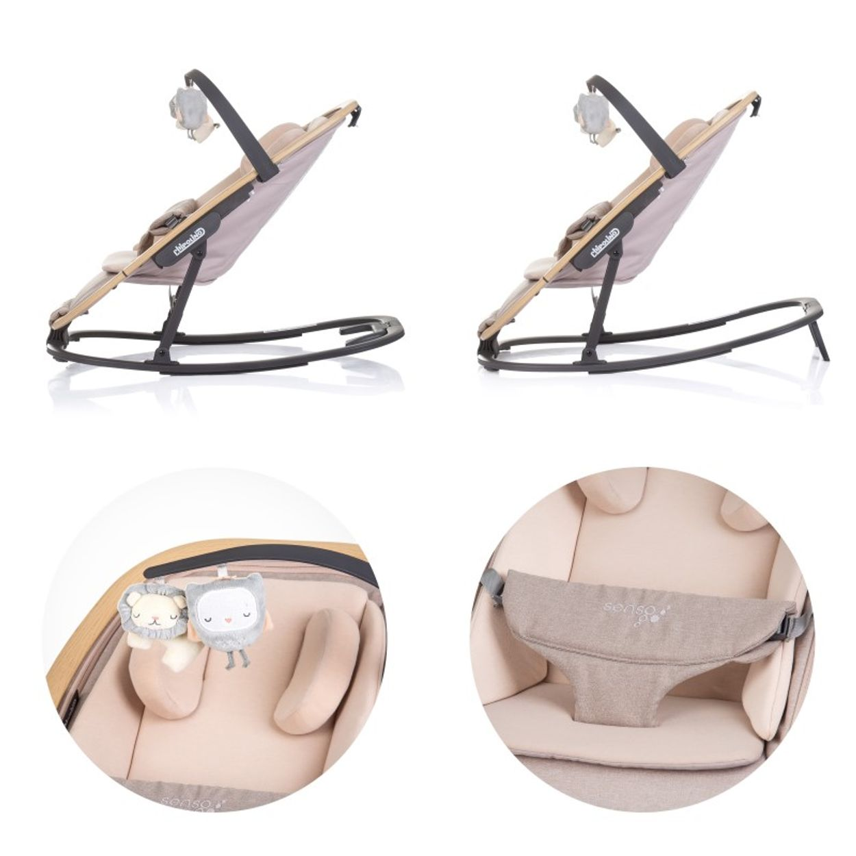 Eine Babywippe mit beigem Sitz, schwarzem Rahmen und Hängespielzeug. Detailaufnahmen zeigen Sitz und Spielzeug.
