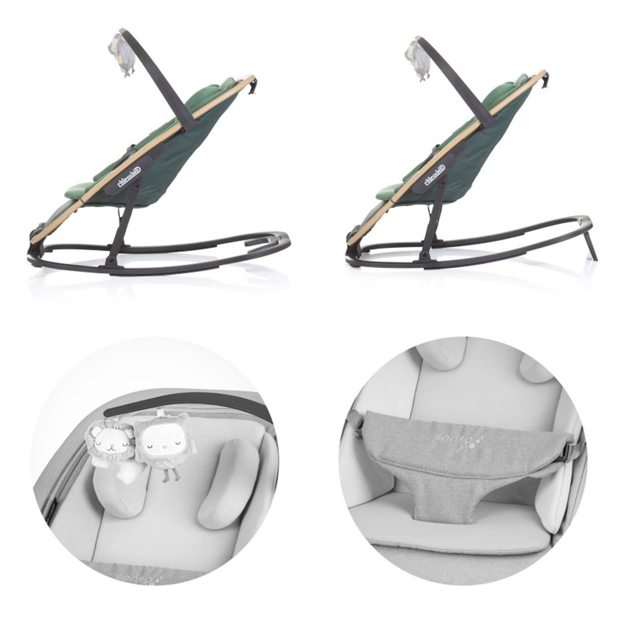 Eine Babywippe mit grünem Sitz und Spielbügel. Zwei Nahaufnahmen zeigen Details des Sitzes und der Spielzeuge.