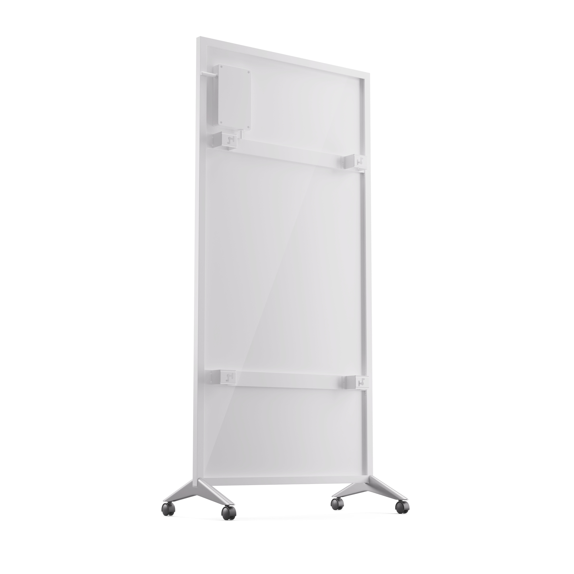 Eine weiße, rollende Tafel. Sie hat eine rechteckige Form und einen Metallrahmen mit Rollen.