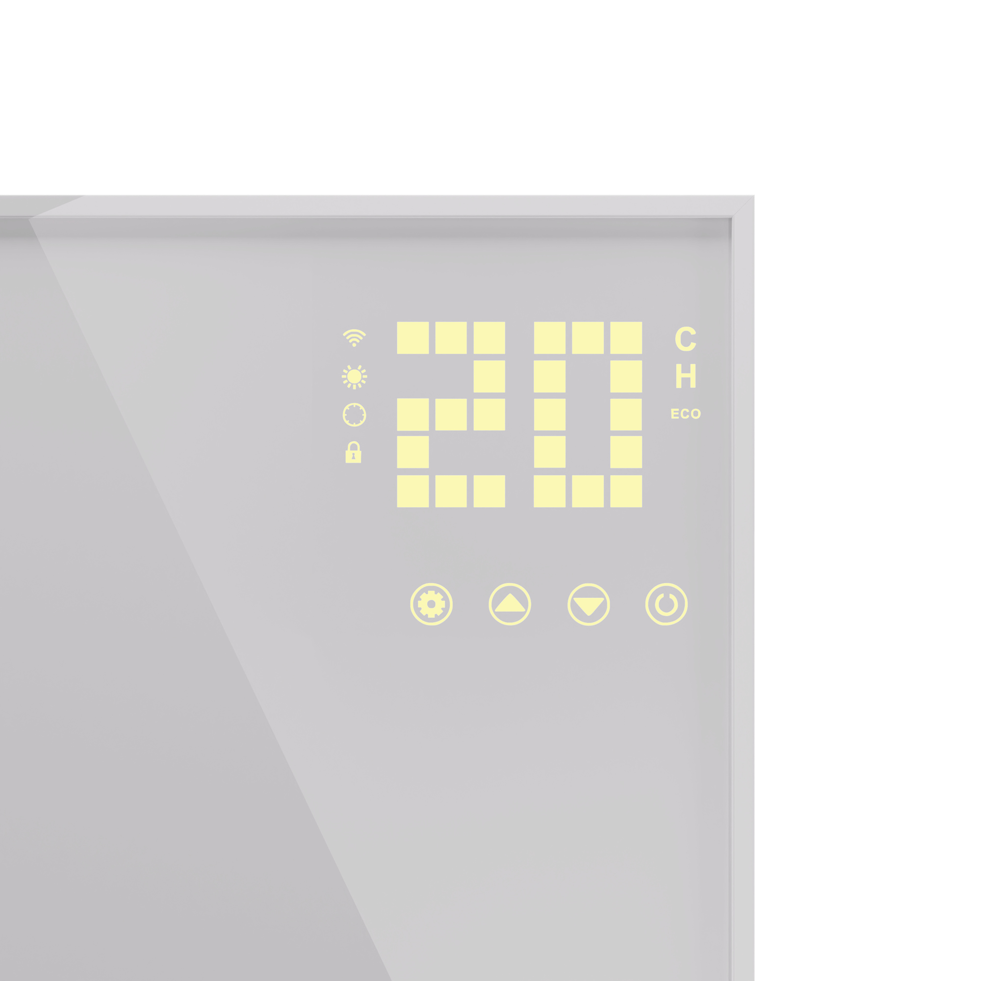 Eine digitale Anzeige zeigt '20' in Gelb auf grauer Oberfläche. Symbole umfassen WLAN, Sonne, Schloss und Einstellungen.