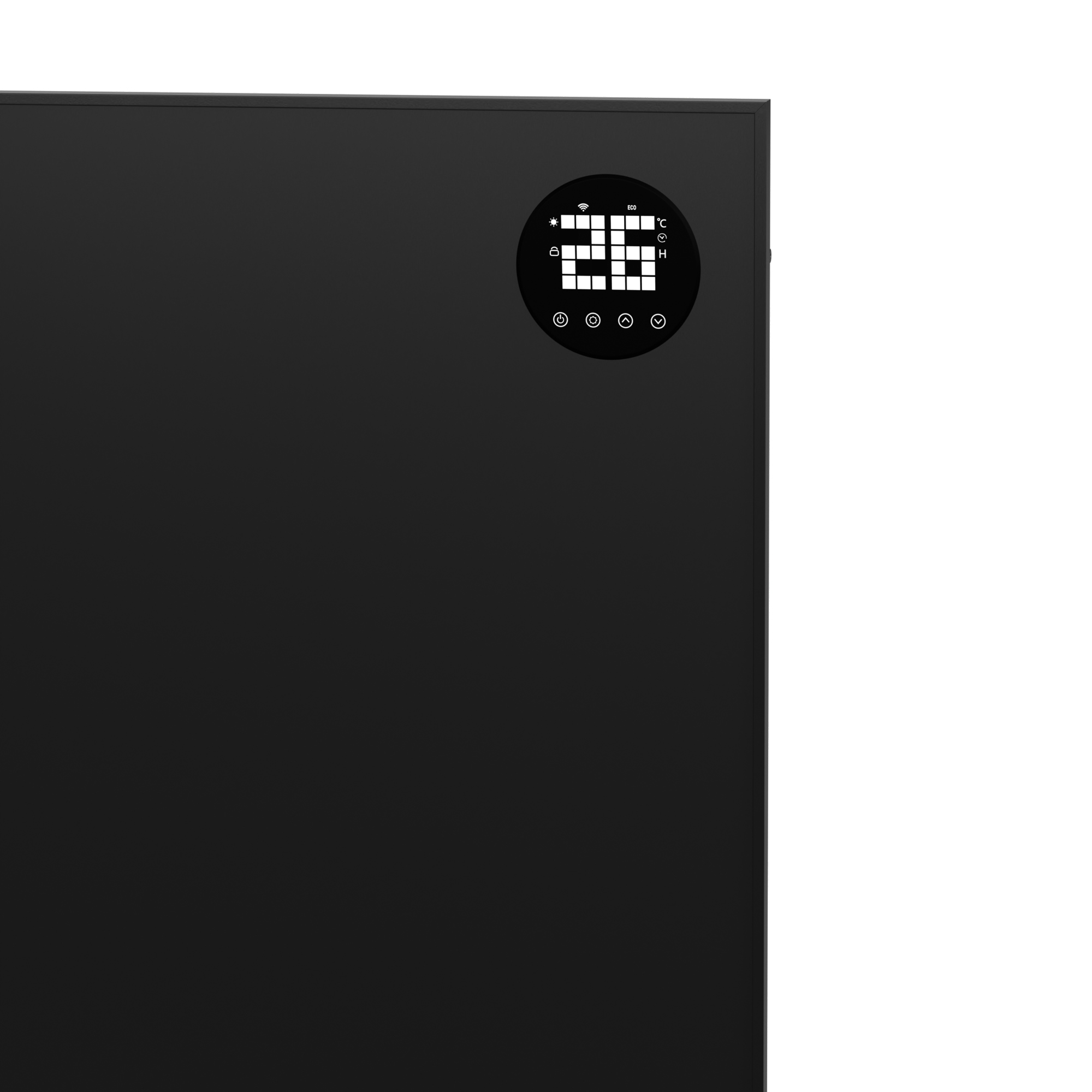 Ein schwarzes Gerät mit Digitalanzeige, die '25' und Symbole für WLAN und Temperatur anzeigt.