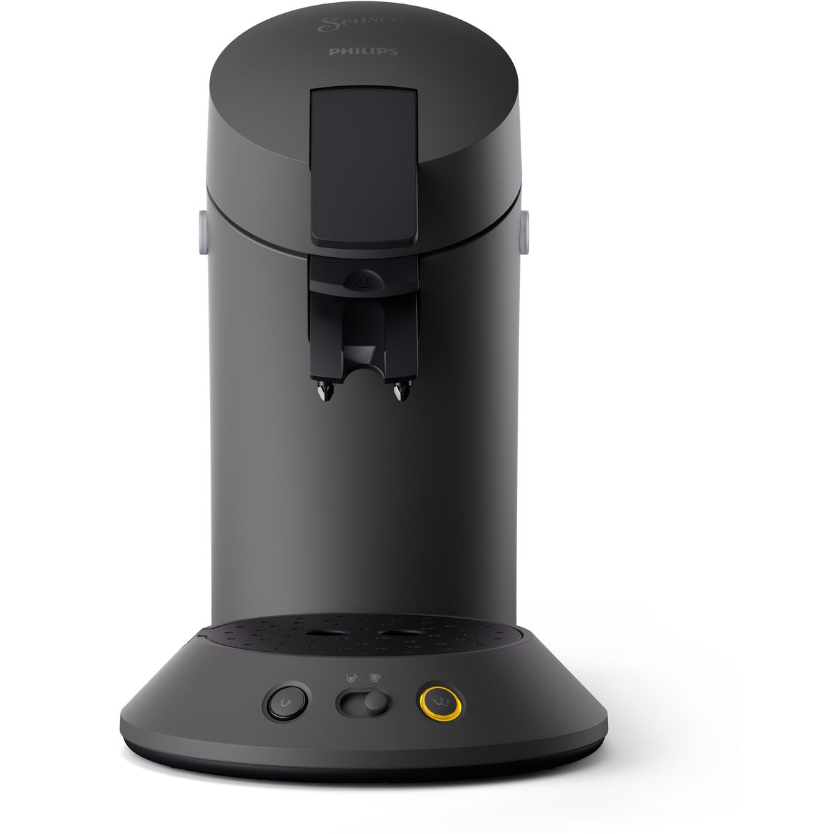 Ciemnoszara ekspres do kawy Philips Senseo. Ma zaokrągloną podstawę z trzema przyciskami i wylewką.