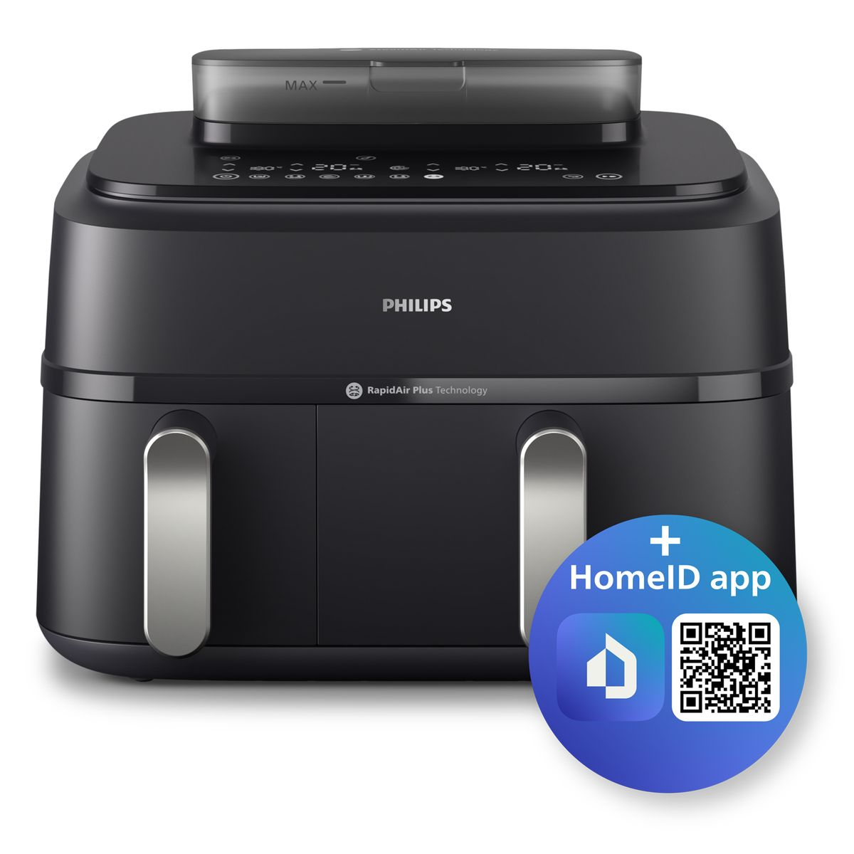 Czarna frytownica beztłuszczowa Philips ze srebrnymi uchwytami. Posiada ikonę aplikacji HomeID i kod QR. Na górze znajdują się elementy sterujące i przezroczysty zbiornik na wodę.