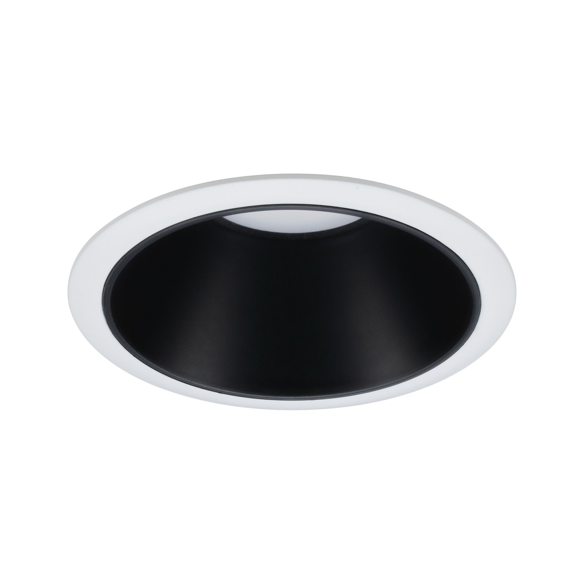 Un apparecchio di illuminazione a incasso di forma ovale. Ha un anello esterno bianco, una cavità interna nera e uno sfondo bianco.