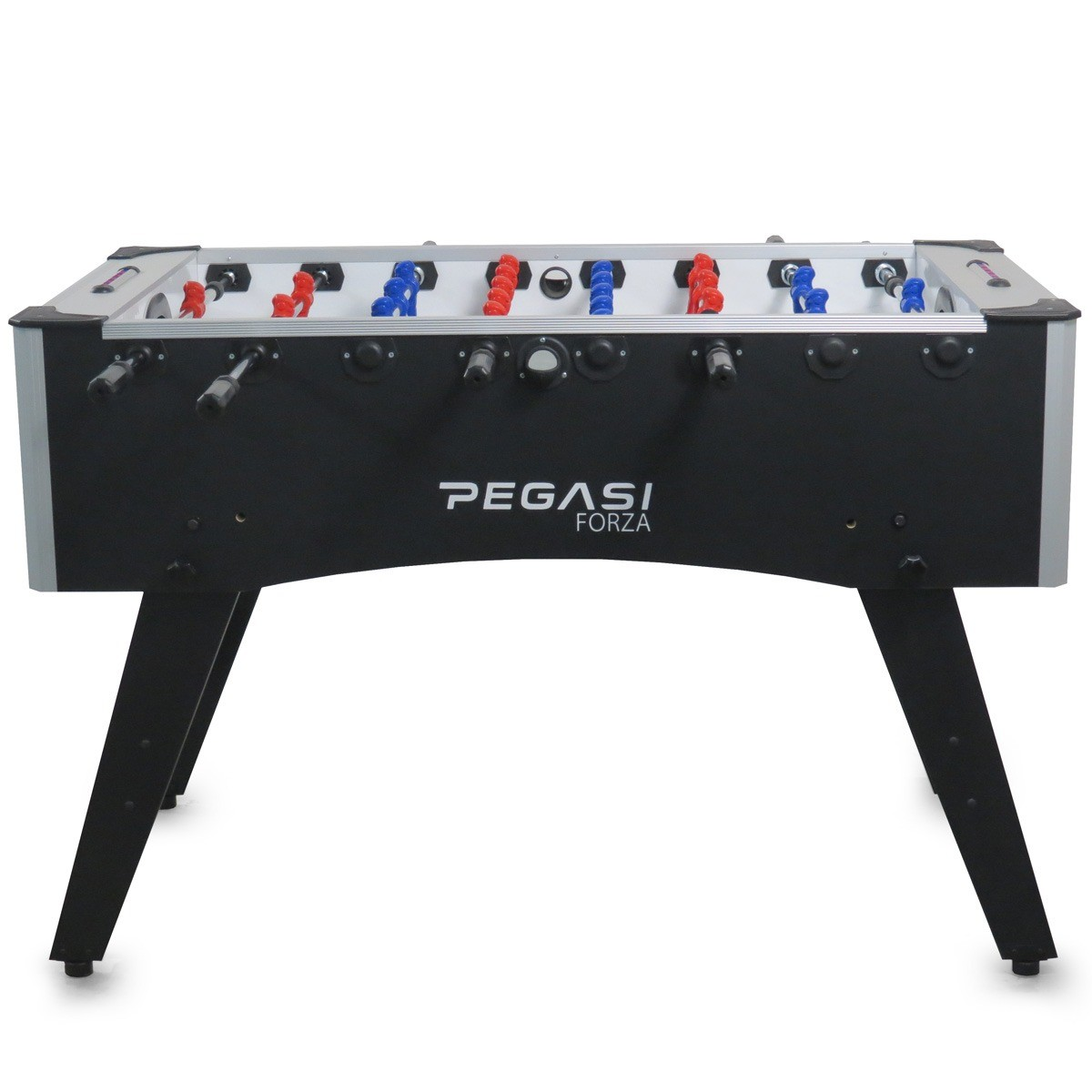Een tafelvoetbaltafel met rode en blauwe spelers. De tafel is zwart met zilveren randen en zwarte poten, het merk is Pegasi Forza.