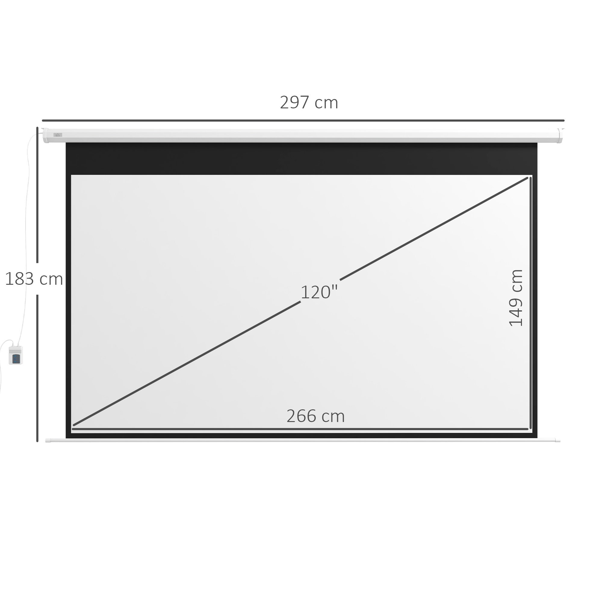 Viene mostrato uno schermo di proiezione bianco. Le dimensioni sono indicate: 297 cm, 183 cm, 120", 266 cm e 149 cm.
