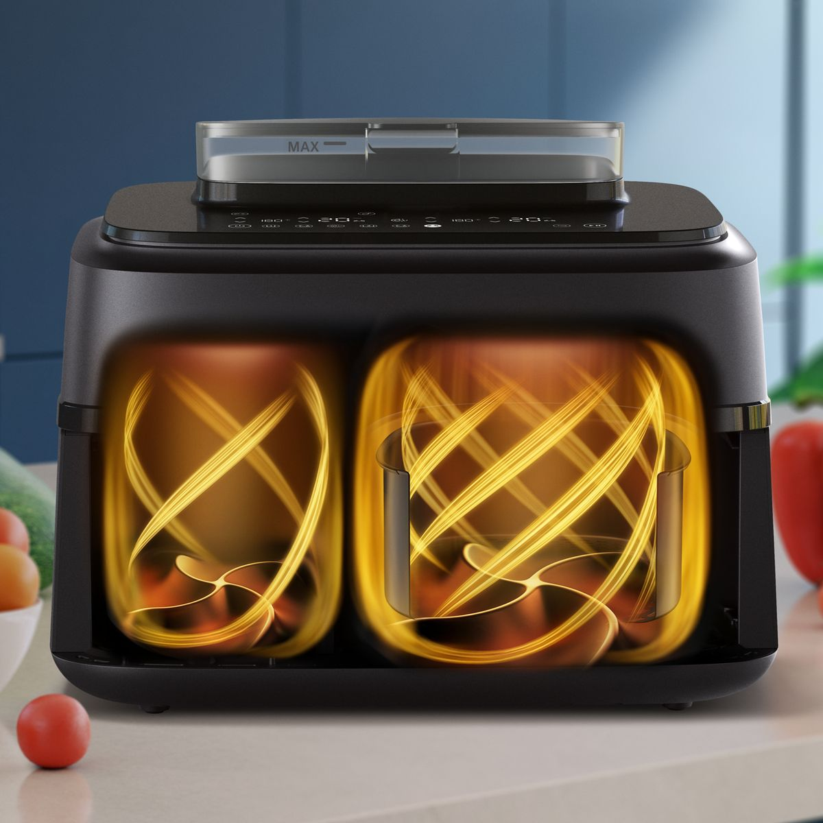 Een zwarte airfryer met twee compartimenten. Elk heeft een wervelend geel licht. Bovenop een doorzichtig deksel. Fruit en groenten op de achtergrond.