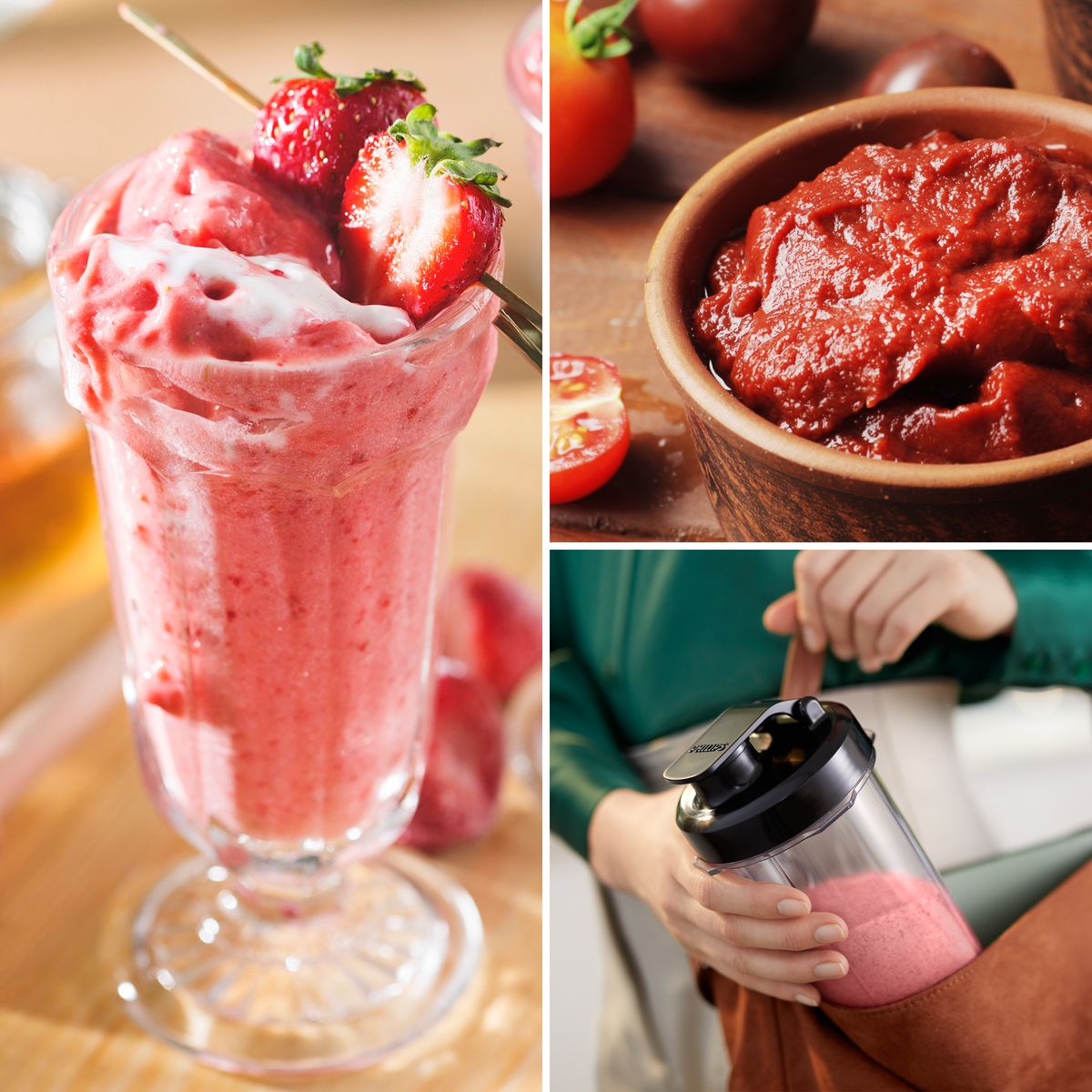 Różowy koktajl w szklance z truskawkami, pasta pomidorowa w misce i osoba trzymająca blender z koktajlem.