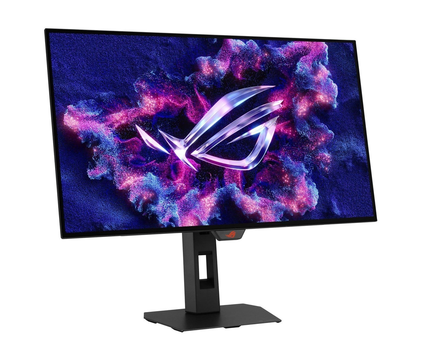 Monitor komputerowy wyświetla kolorowy, abstrakcyjny obraz. Monitor ma czarną podstawę. Ekran wyświetla logo.