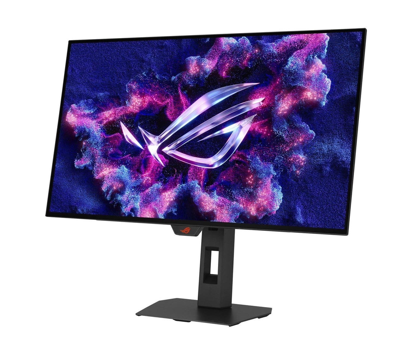 Monitor z ciemnym tłem i logo. Stojak jest czarny, a monitor jest pochylony.