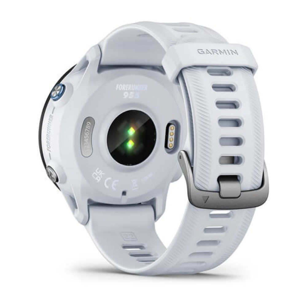 Orologio bianco Garmin Forerunner 955. Mostra il retro con cinturino e sensore. Il logo Garmin è visibile.