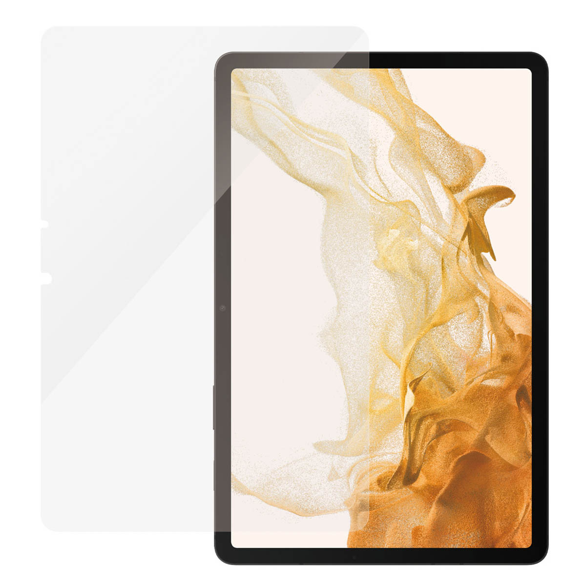 Tablet con protezione schermo. Lo schermo mostra un motivo dorato e fluido. Il tablet è nero, la protezione è trasparente.