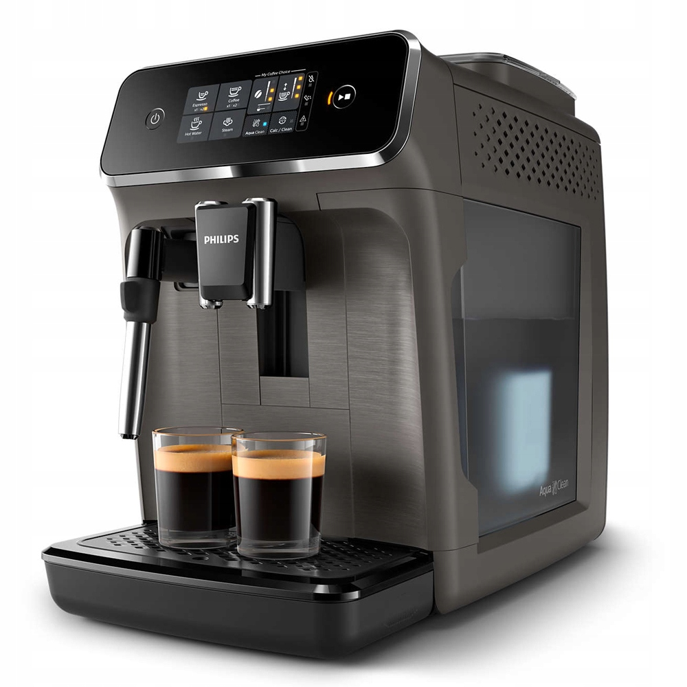 Ekspres do kawy Philips z dwiema szklankami kawy. Maszyna jest szara i ma ekran dotykowy.