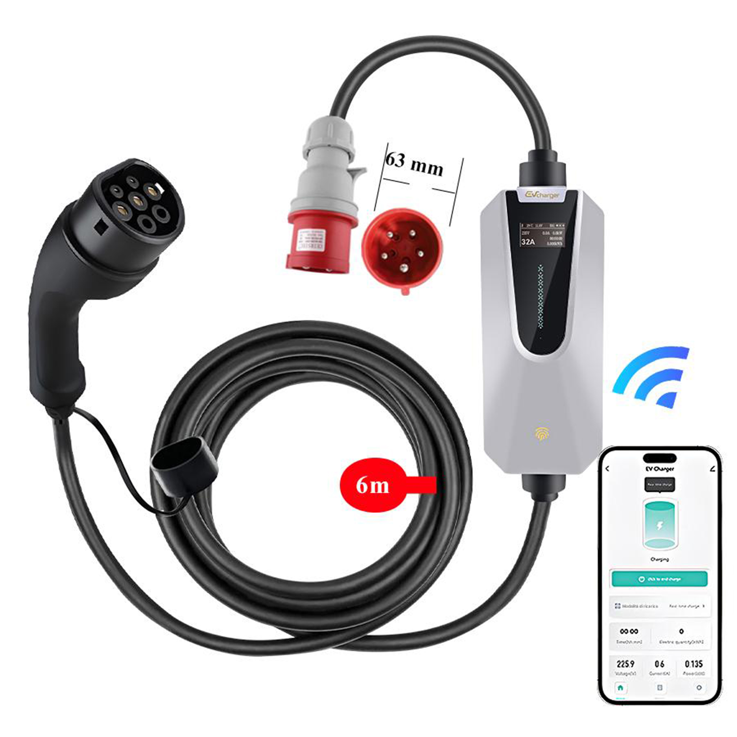 Un caricabatterie per veicoli elettrici con cavo, connettori e un telefono cellulare che mostra lo stato di carica. Il cavo è lungo 6 m. Il caricabatterie ha 32A.