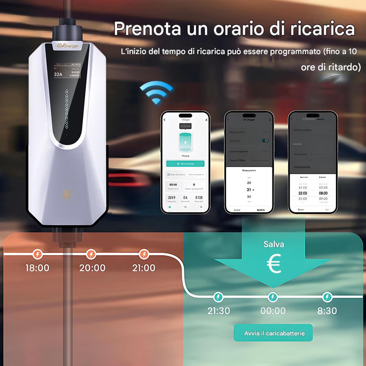 Un caricabatterie per veicoli elettrici con schermo, tre telefoni che mostrano le impostazioni di ricarica e un pulsante salva con il simbolo euro.