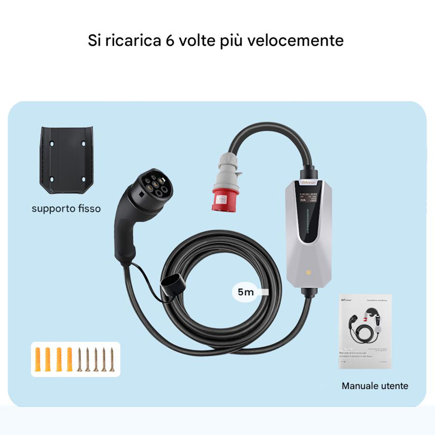 Un set caricabatterie EV con pistola di ricarica, cavo, supporto a parete e manuale. Il caricabatterie è bianco e nero, con cavo da 5 m.