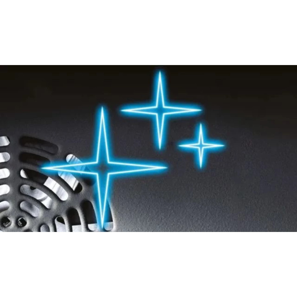 Obraz przedstawia trzy świecące niebieskie gwiazdy. Metalowa kratka w lewym dolnym rogu. Tło jest ciemnoszare.