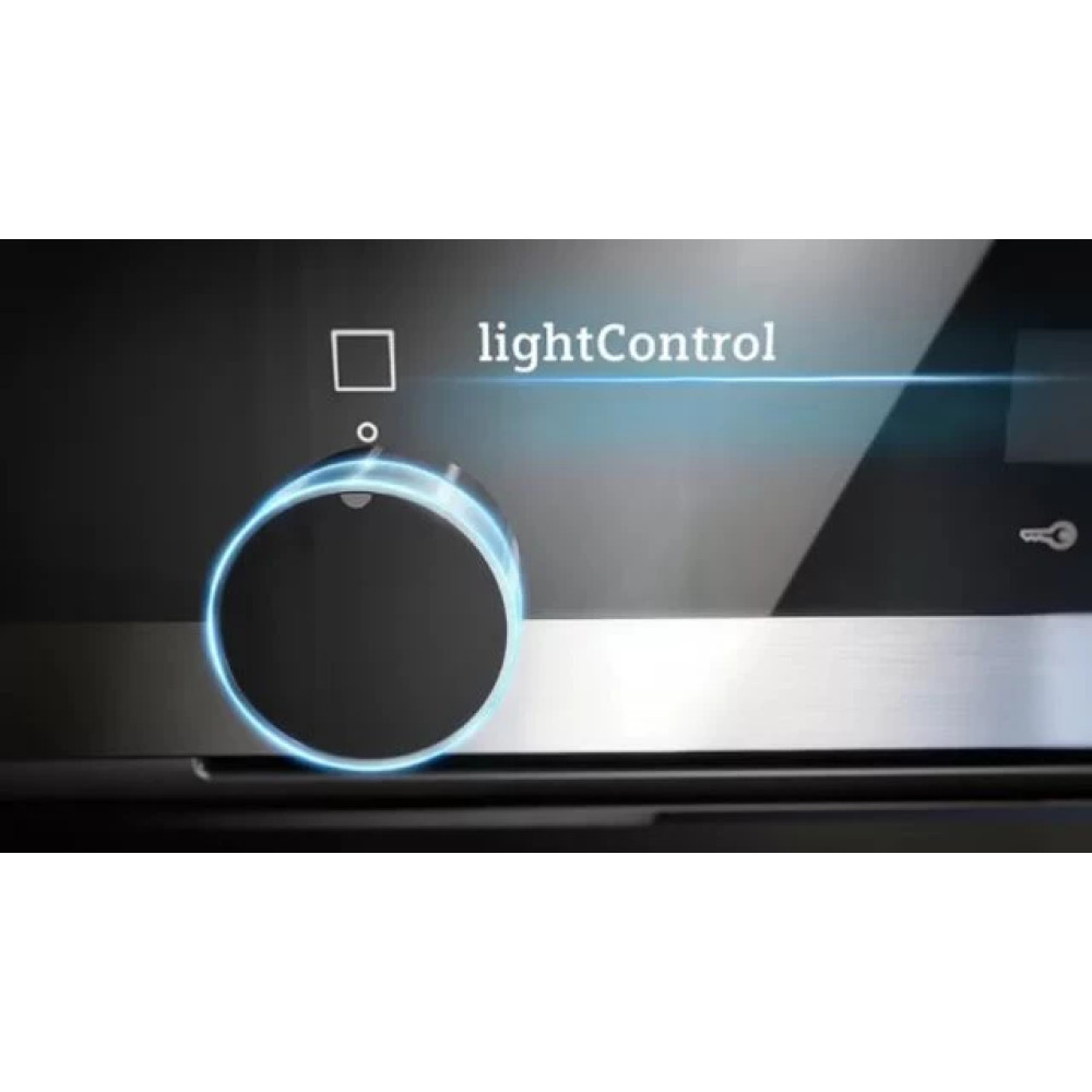 Zbliżenie czarnego panelu sterowania urządzenia z pokrętłem sterowania światłem i napisem "lightControl".