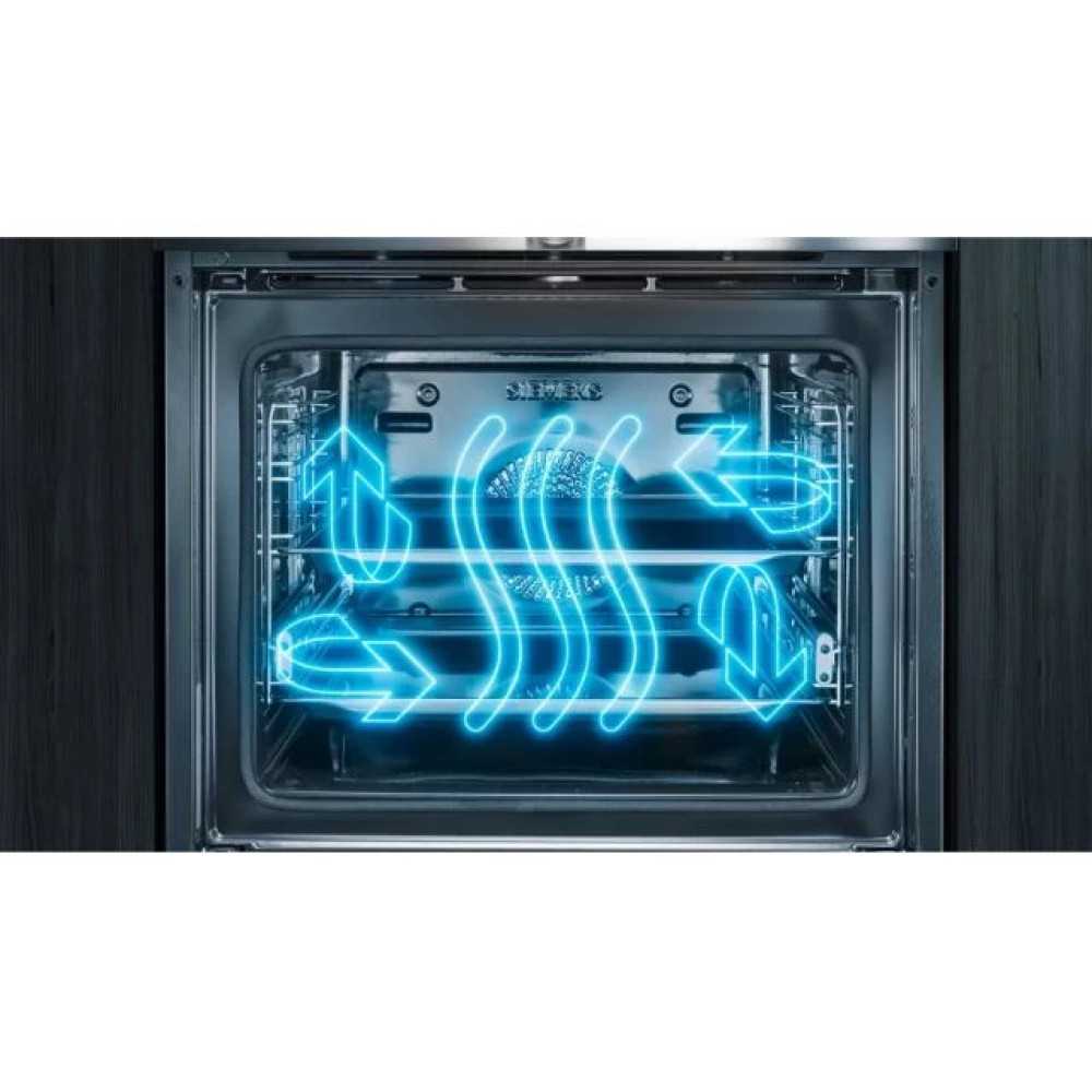 Wnętrze piekarnika z niebieskimi liniami pokazującymi przepływ powietrza. Piekarnik ma półki i szklane drzwi. Widoczne jest logo Siemens.